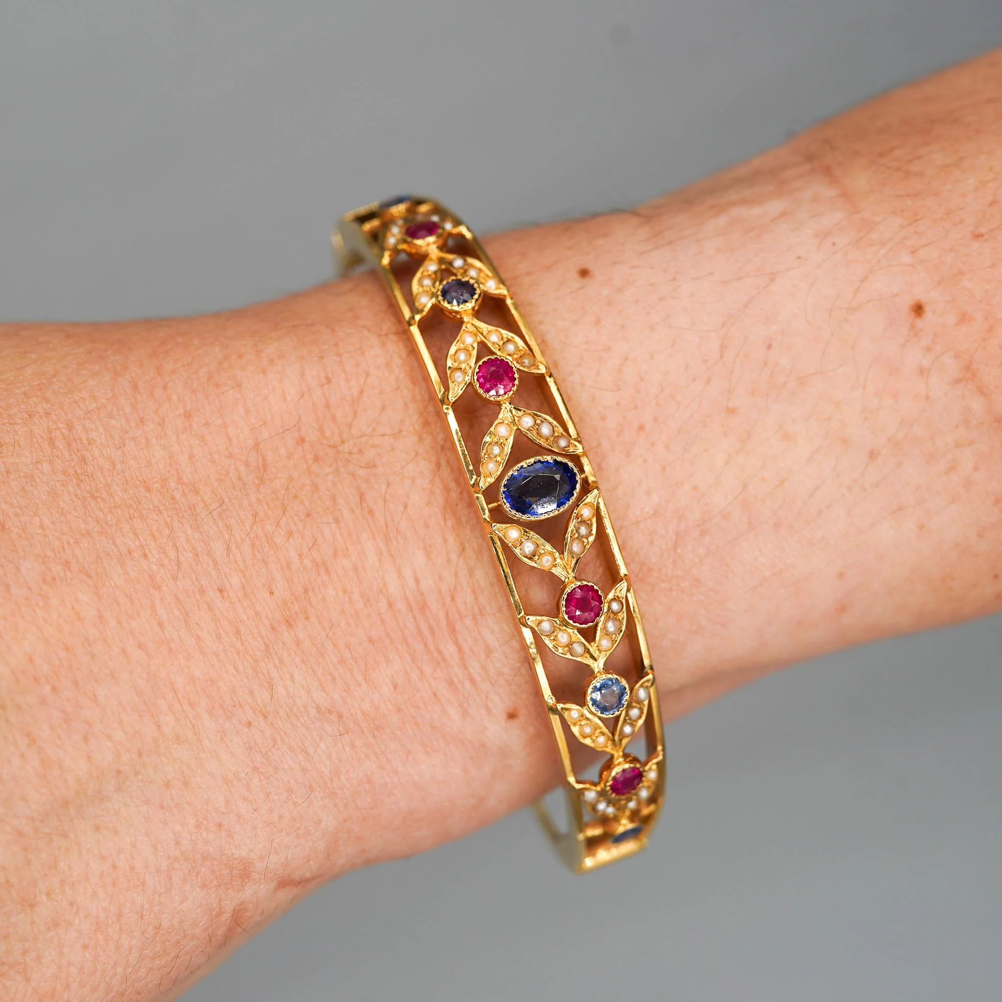 Sapphire, Ruby, & Seed Pearl 14K Gold Openwork Bangle Bracelet - Image 7
