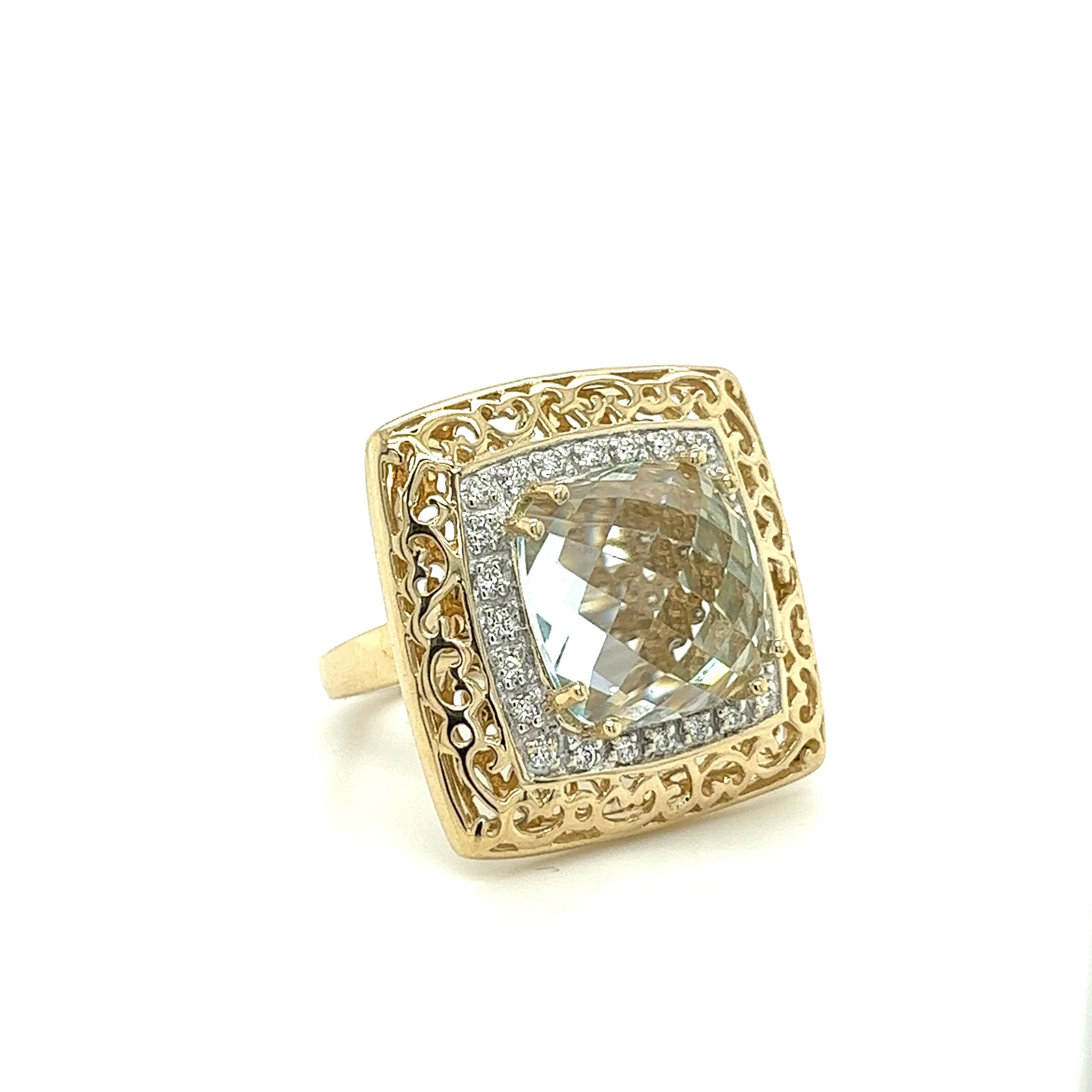 Sky Blue Topaz and Diamond Ring in 14K Gold Curved Filigree Wide Frame - Image 2