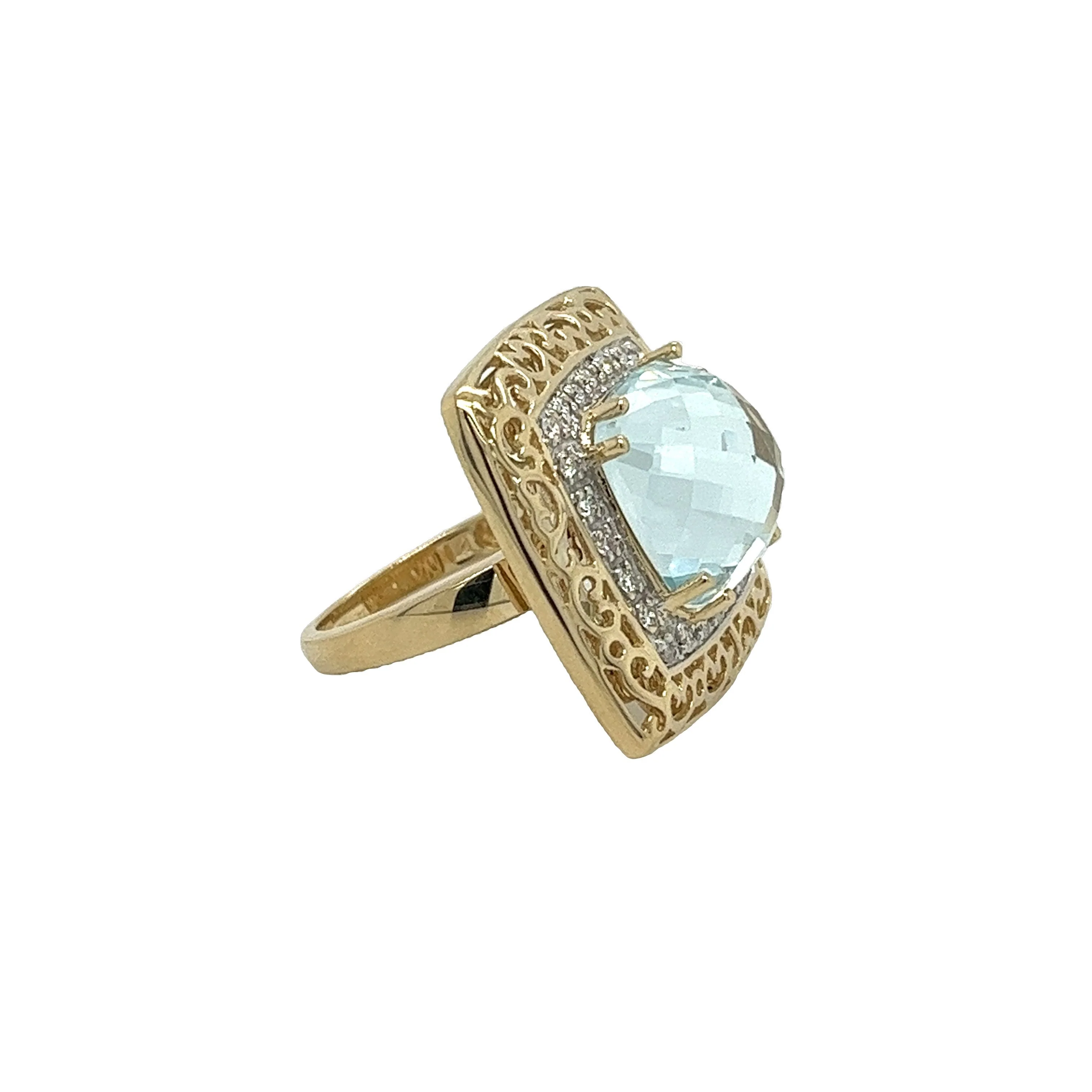 Sky Blue Topaz and Diamond Ring in 14K Gold Curved Filigree Wide Frame - Image 4