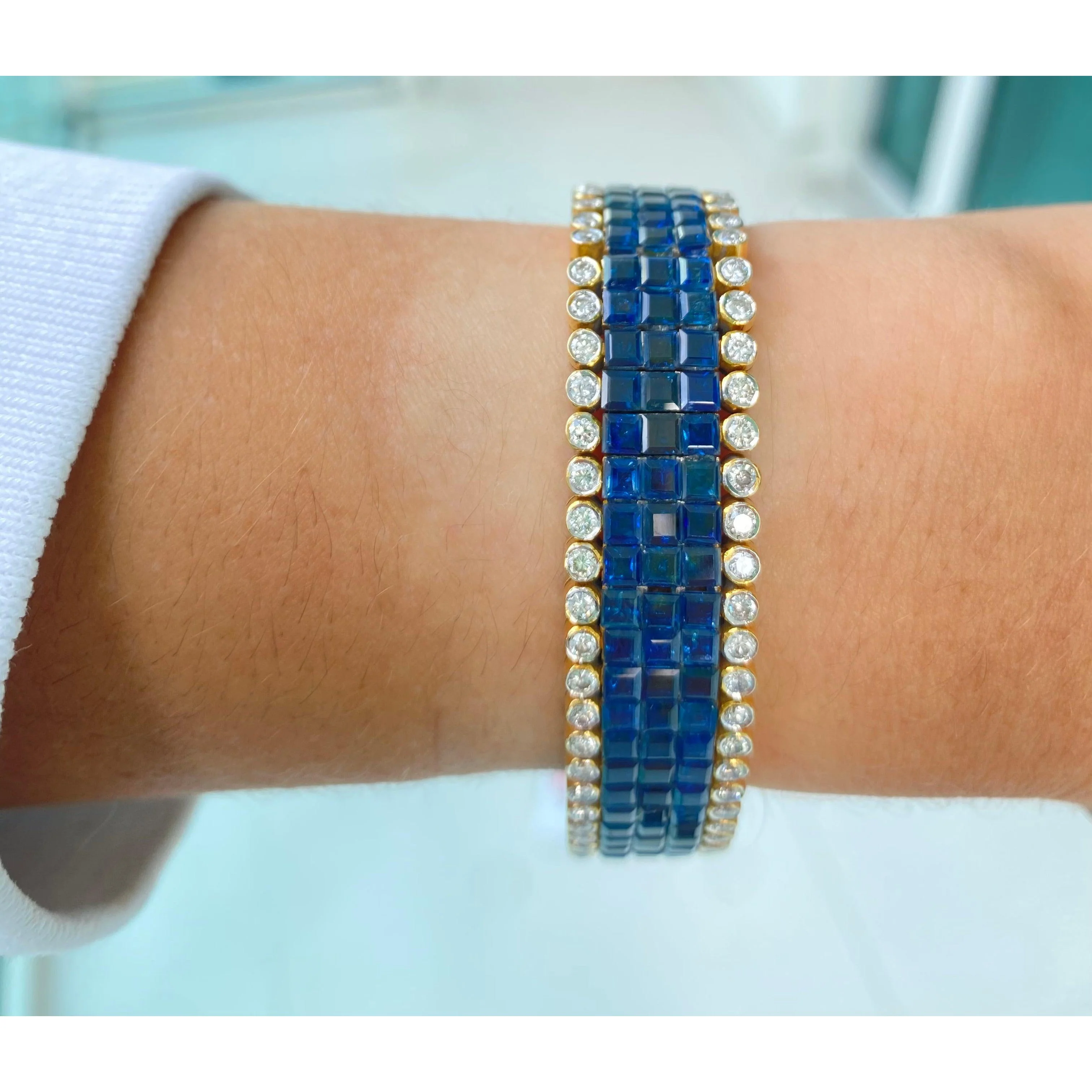 Square Cut Blue Sapphire and Diamond Cluster Tennis Bracelet - Image 3