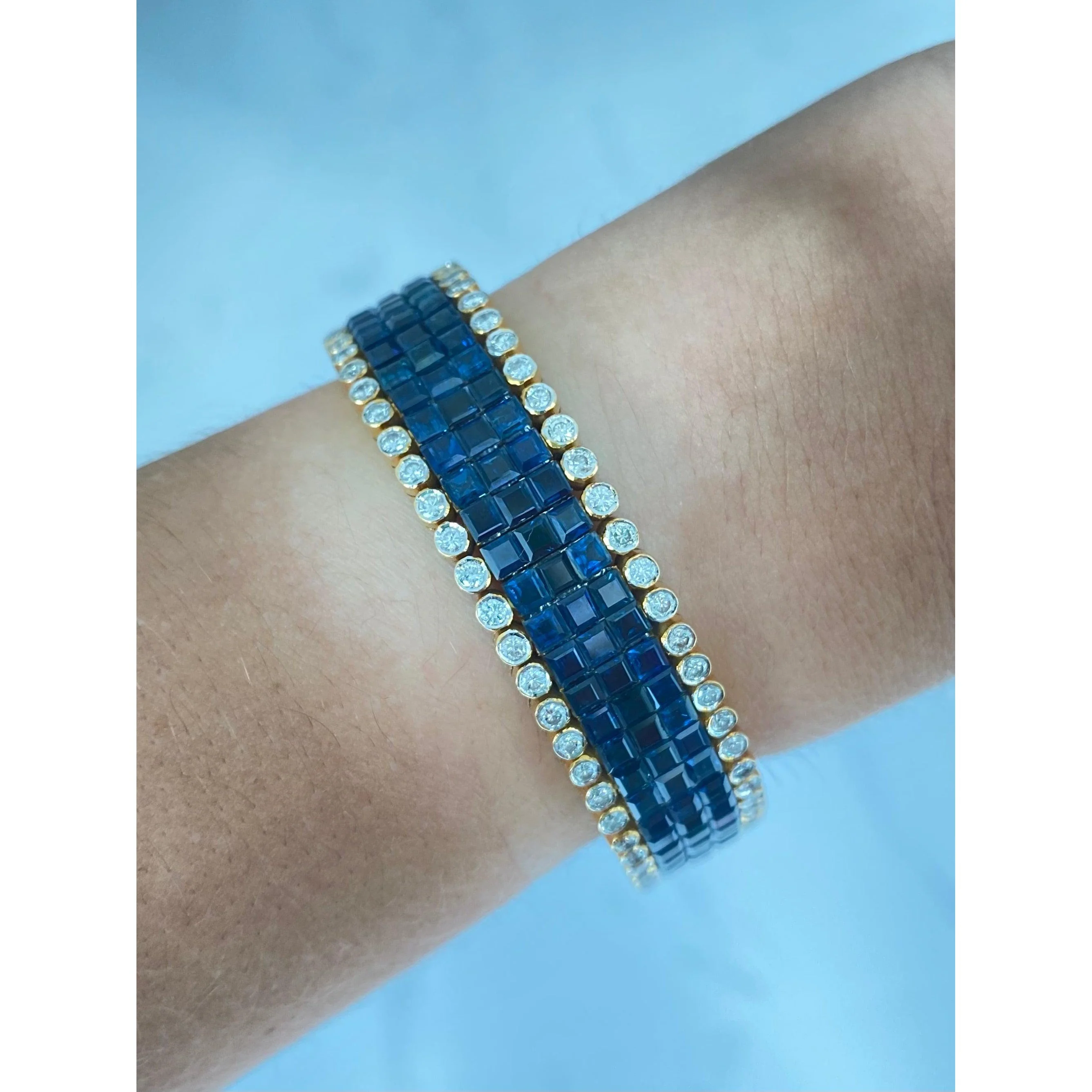 Square Cut Blue Sapphire and Diamond Cluster Tennis Bracelet - Image 4