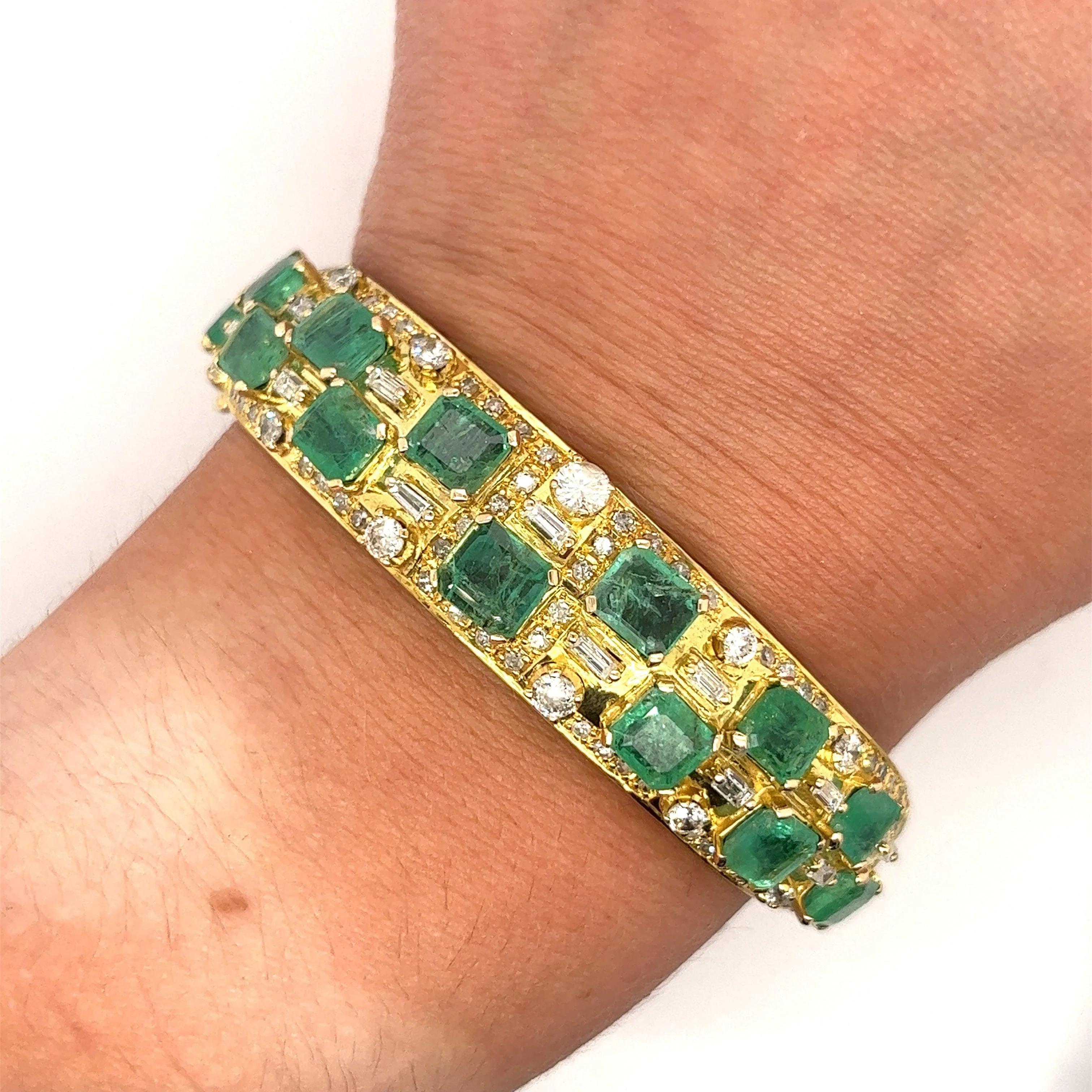 Square Cut Emerald and Baguette Diamond Bangle in 14k Yellow Gold - Image 2