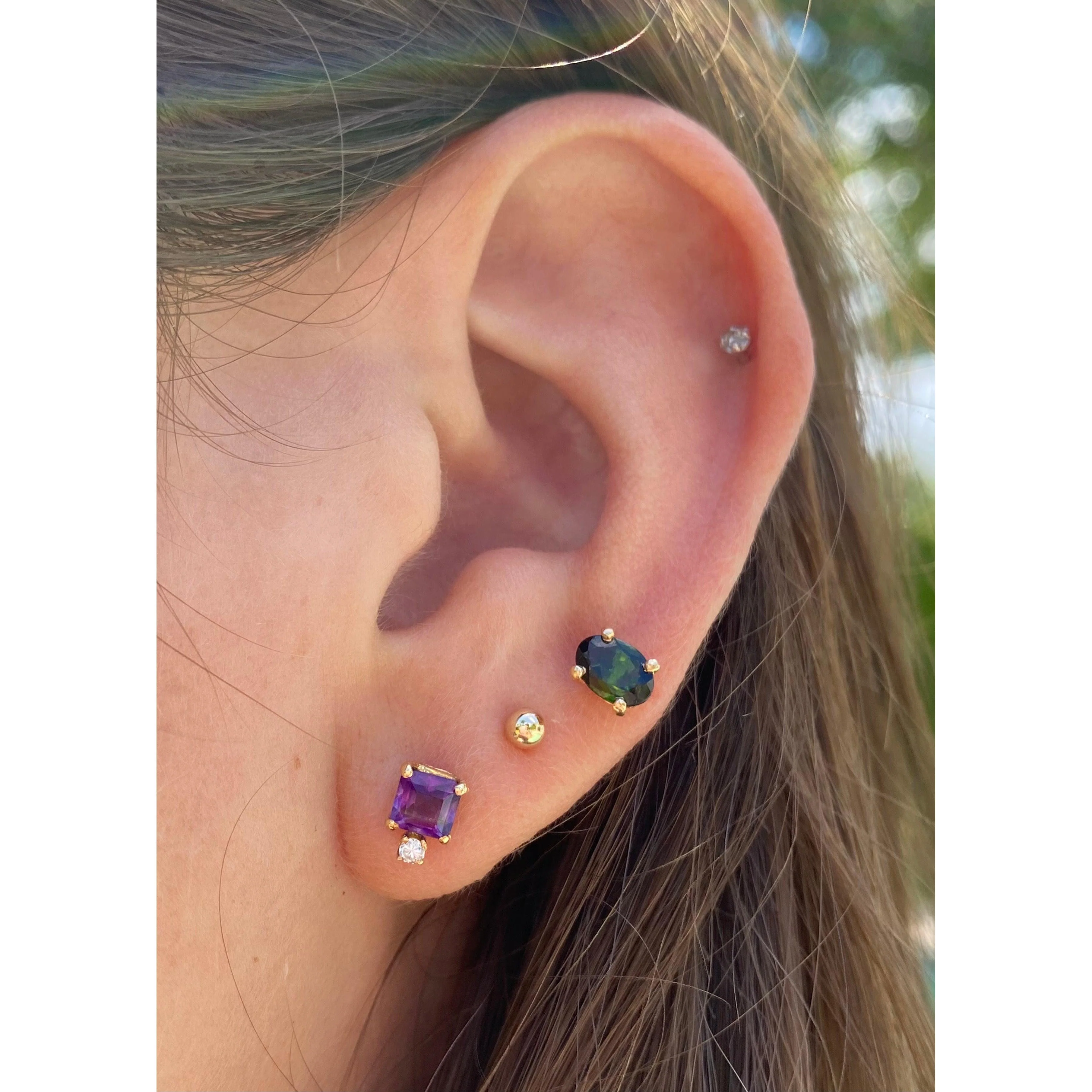 Square Purple Amethyst and Diamond Stud Earrings in 14k gold setting - Image 3