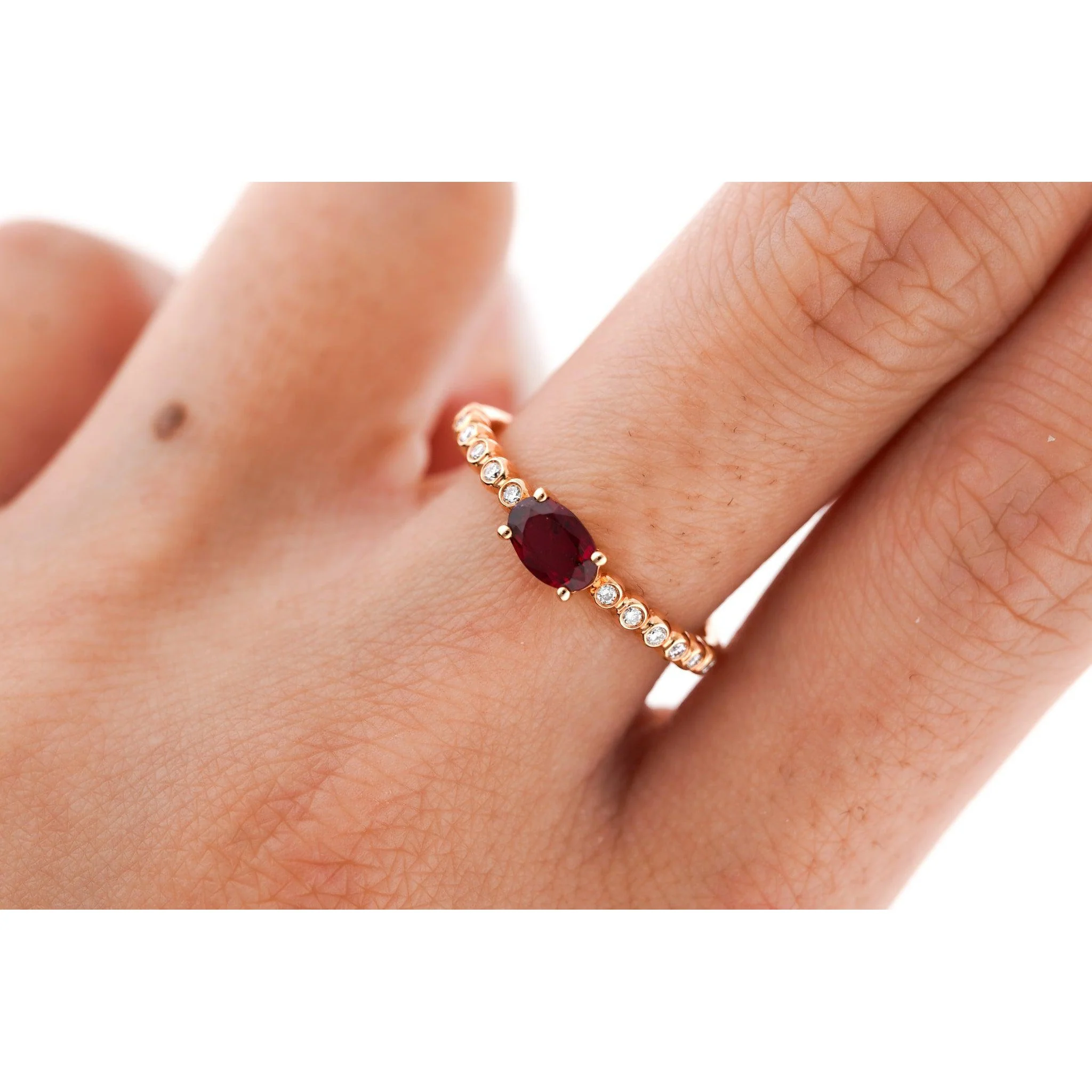 18K Rose Gold Oval Cut Natural Ruby and Diamond Ribbed Bezel Set Ripple Ring - Image 2