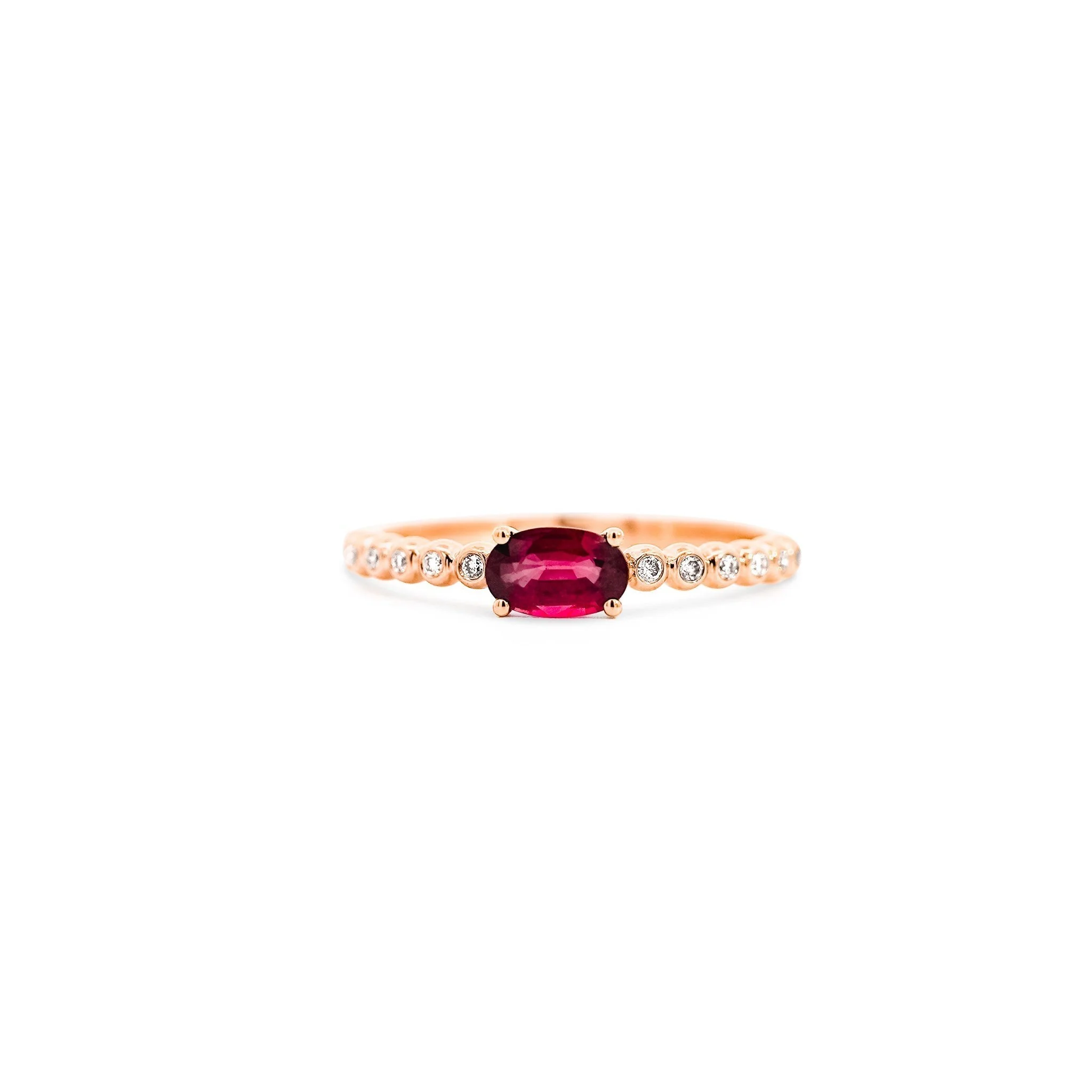 18K Rose Gold Oval Cut Natural Ruby and Diamond Ribbed Bezel Set Ripple Ring - Image 3