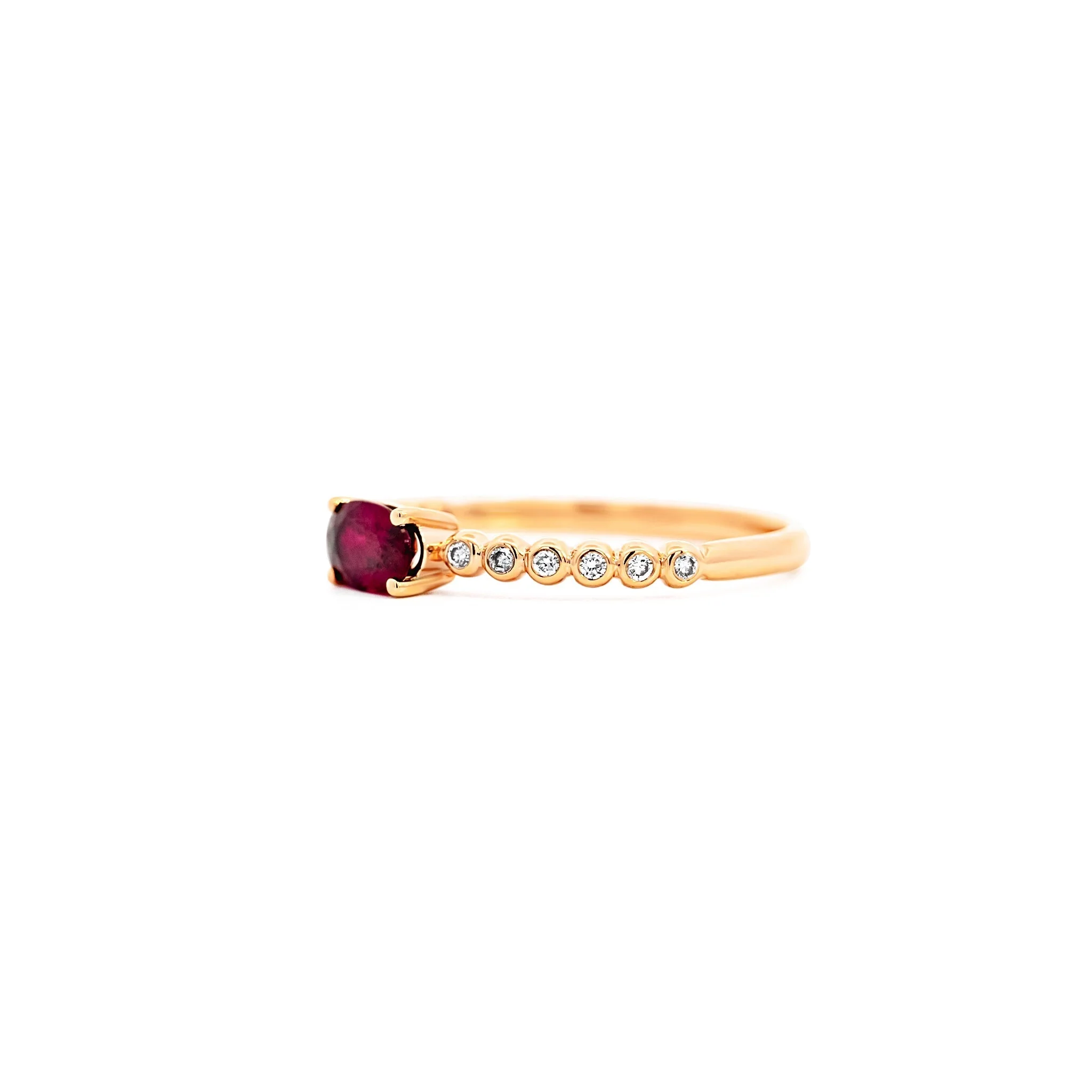 18K Rose Gold Oval Cut Natural Ruby and Diamond Ribbed Bezel Set Ripple Ring - Image 4