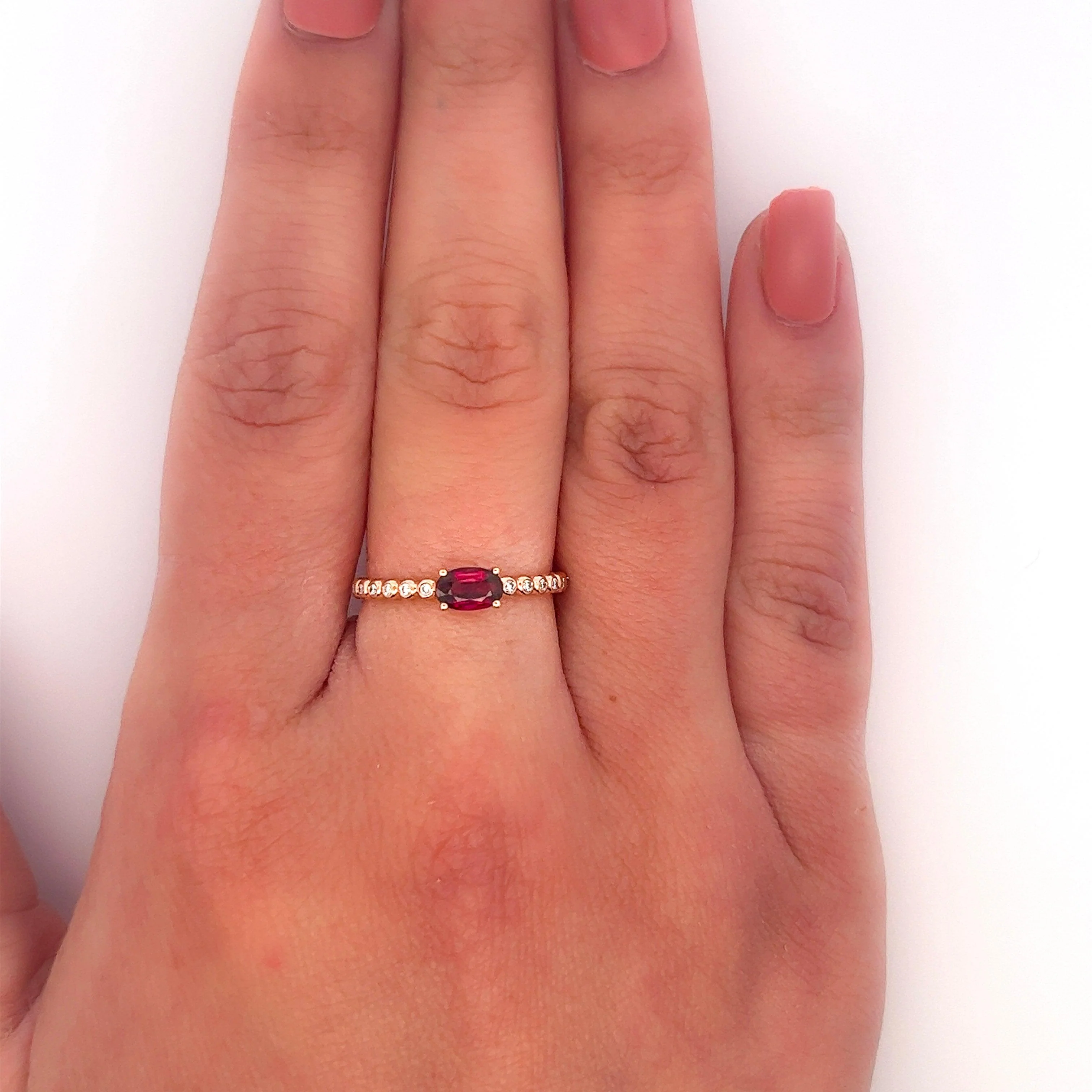 18K Rose Gold Oval Cut Natural Ruby and Diamond Ribbed Bezel Set Ripple Ring - Image 5