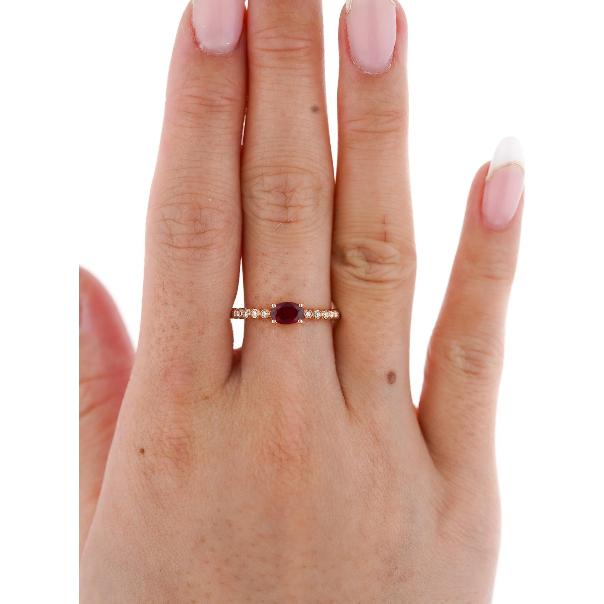 18K Rose Gold Oval Cut Natural Ruby and Diamond Ribbed Bezel Set Ripple Ring - Image 6