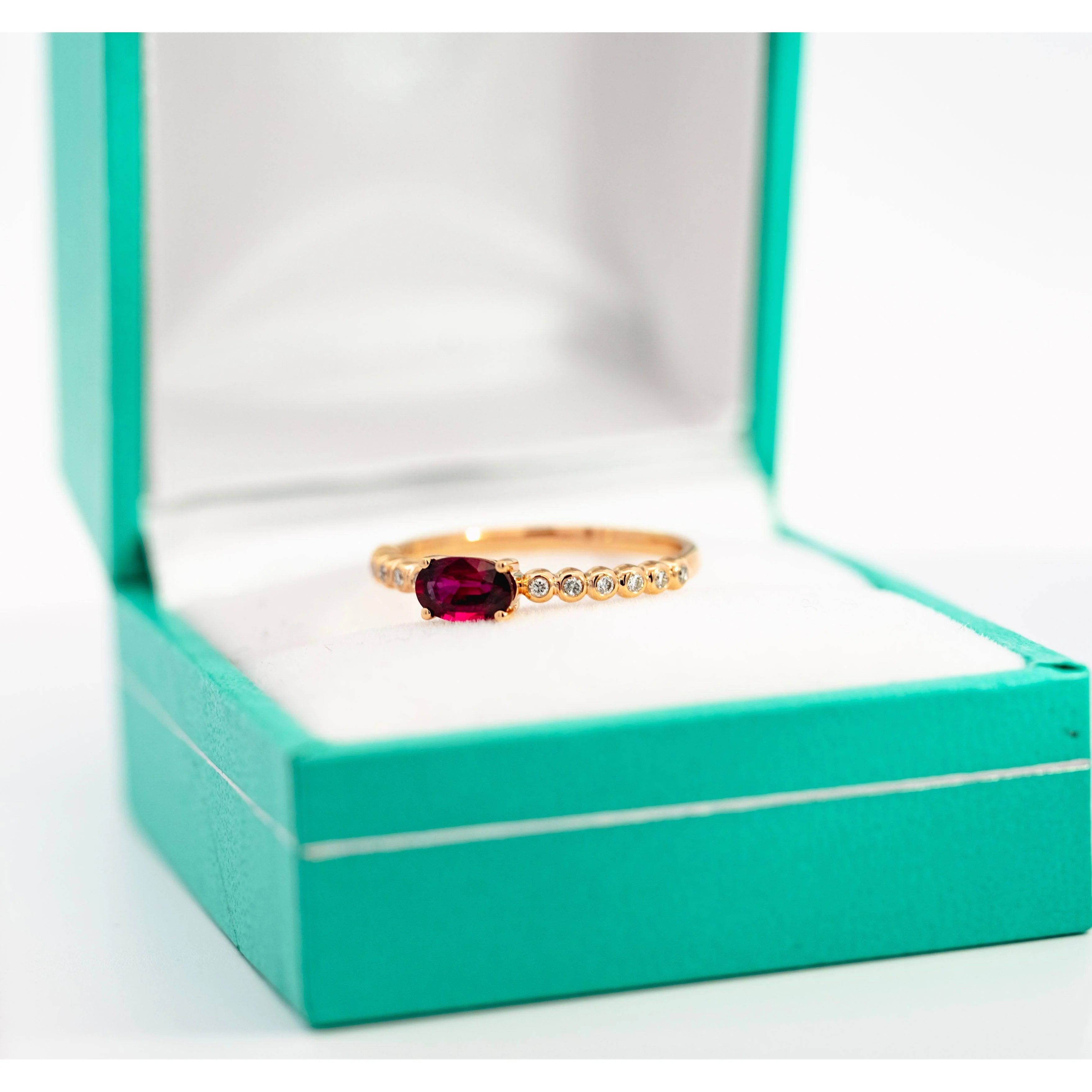 18K Rose Gold Oval Cut Natural Ruby and Diamond Ribbed Bezel Set Ripple Ring - Image 7