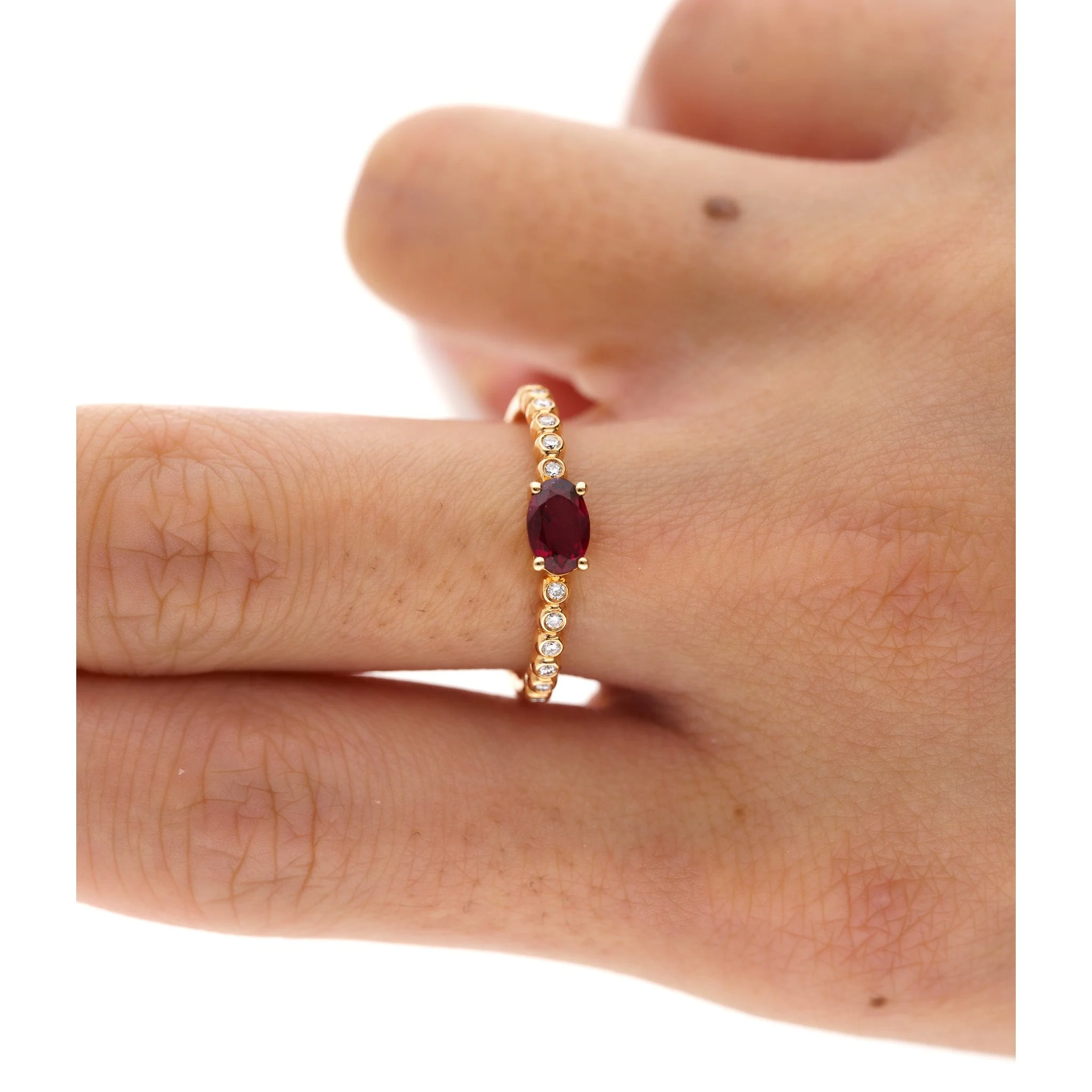 18K Rose Gold Oval Cut Natural Ruby and Diamond Ribbed Bezel Set Ripple Ring - Image 8