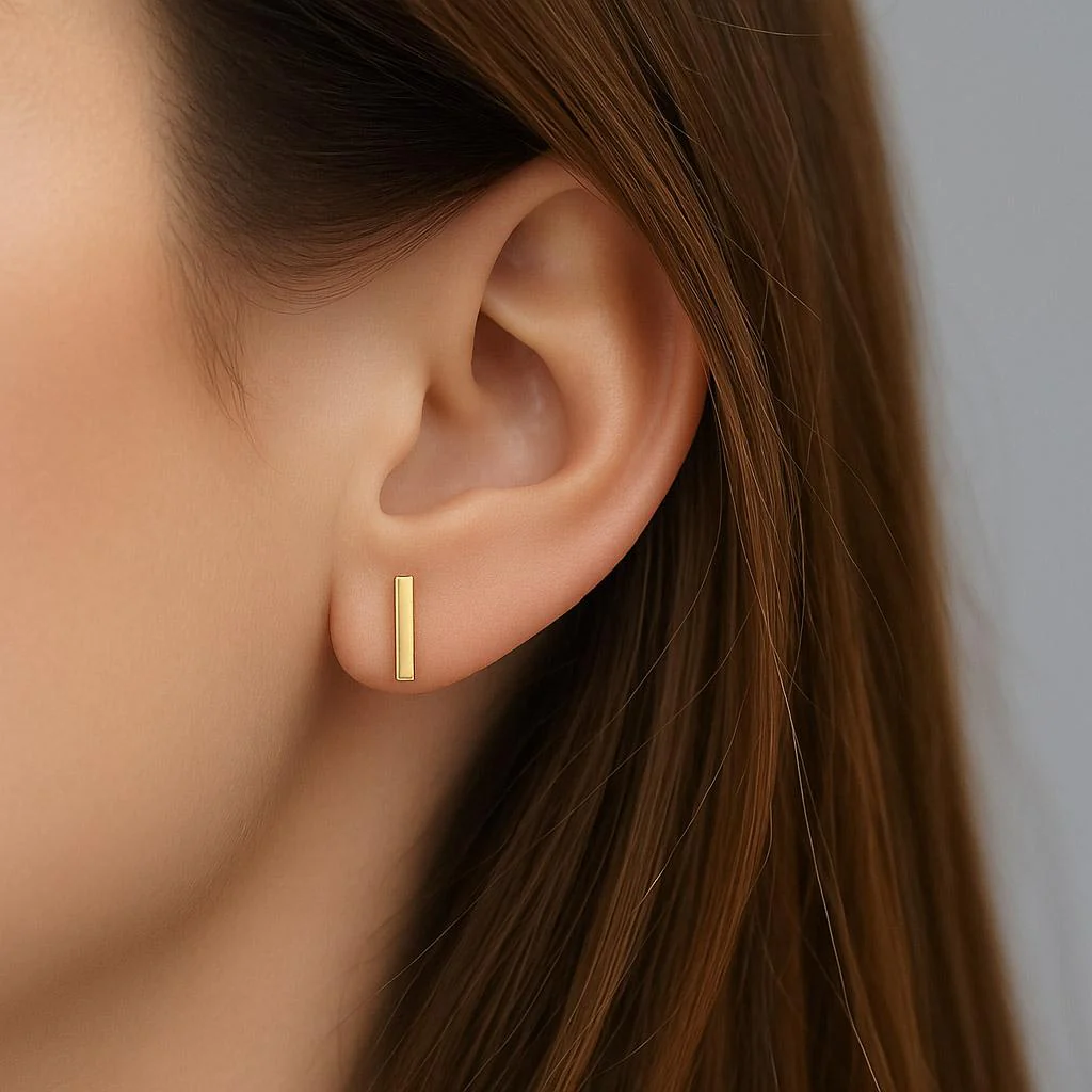 Thin 14K Gold Bar 10mm Stud Earrings On Push Backs - Image 2
