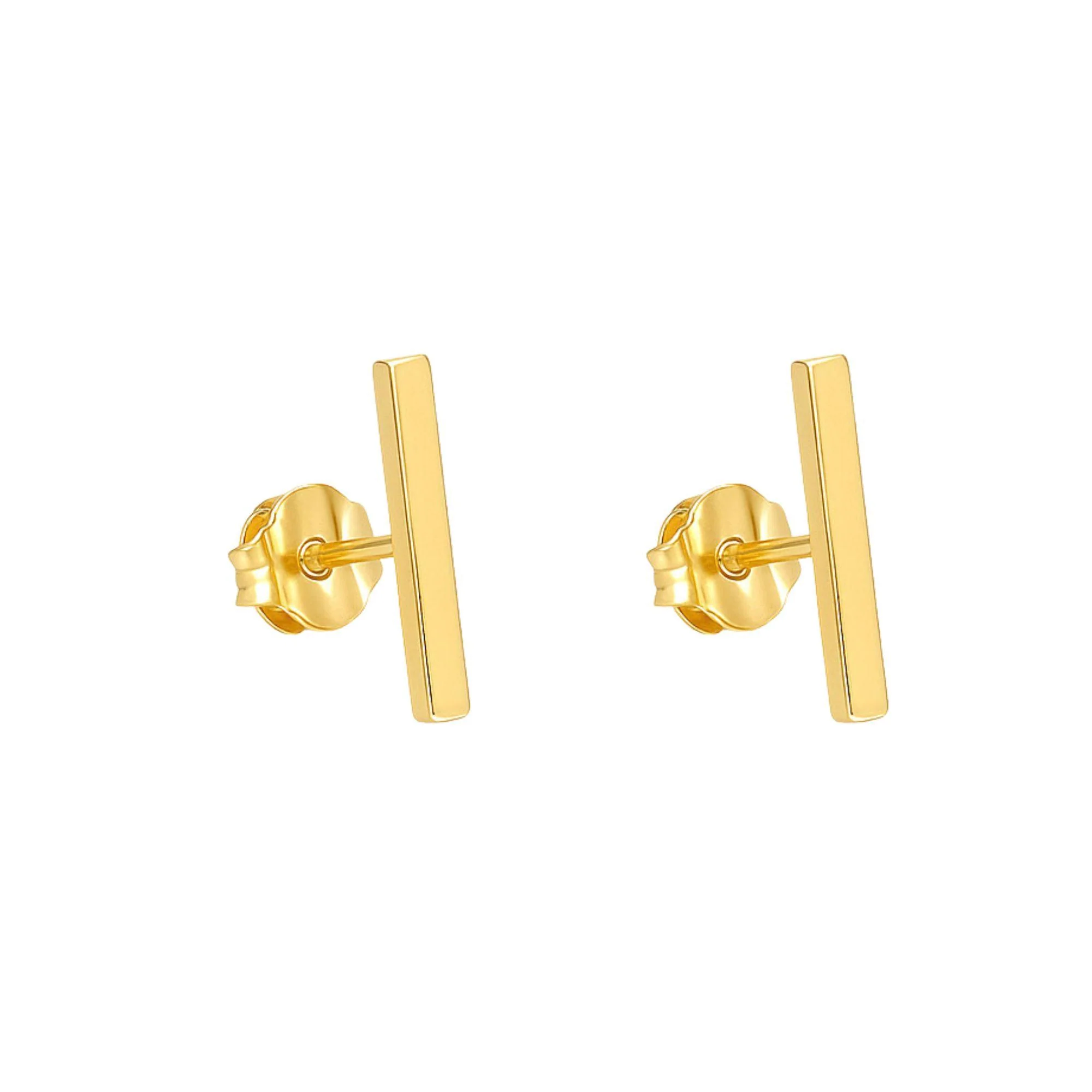 Thin 14K Gold Bar 10mm Stud Earrings On Push Backs - Image 3