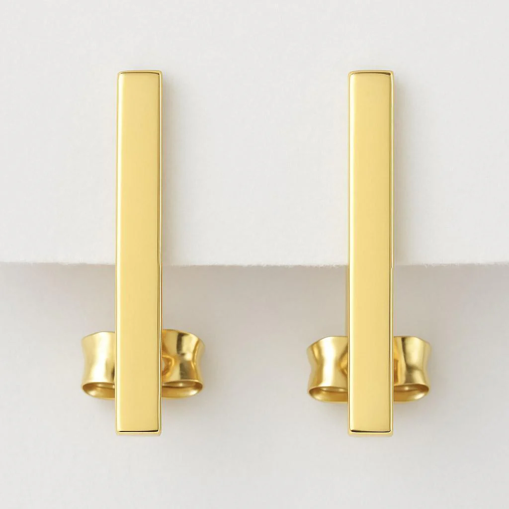 Thin 14K Gold Bar 10mm Stud Earrings On Push Backs - Image 4
