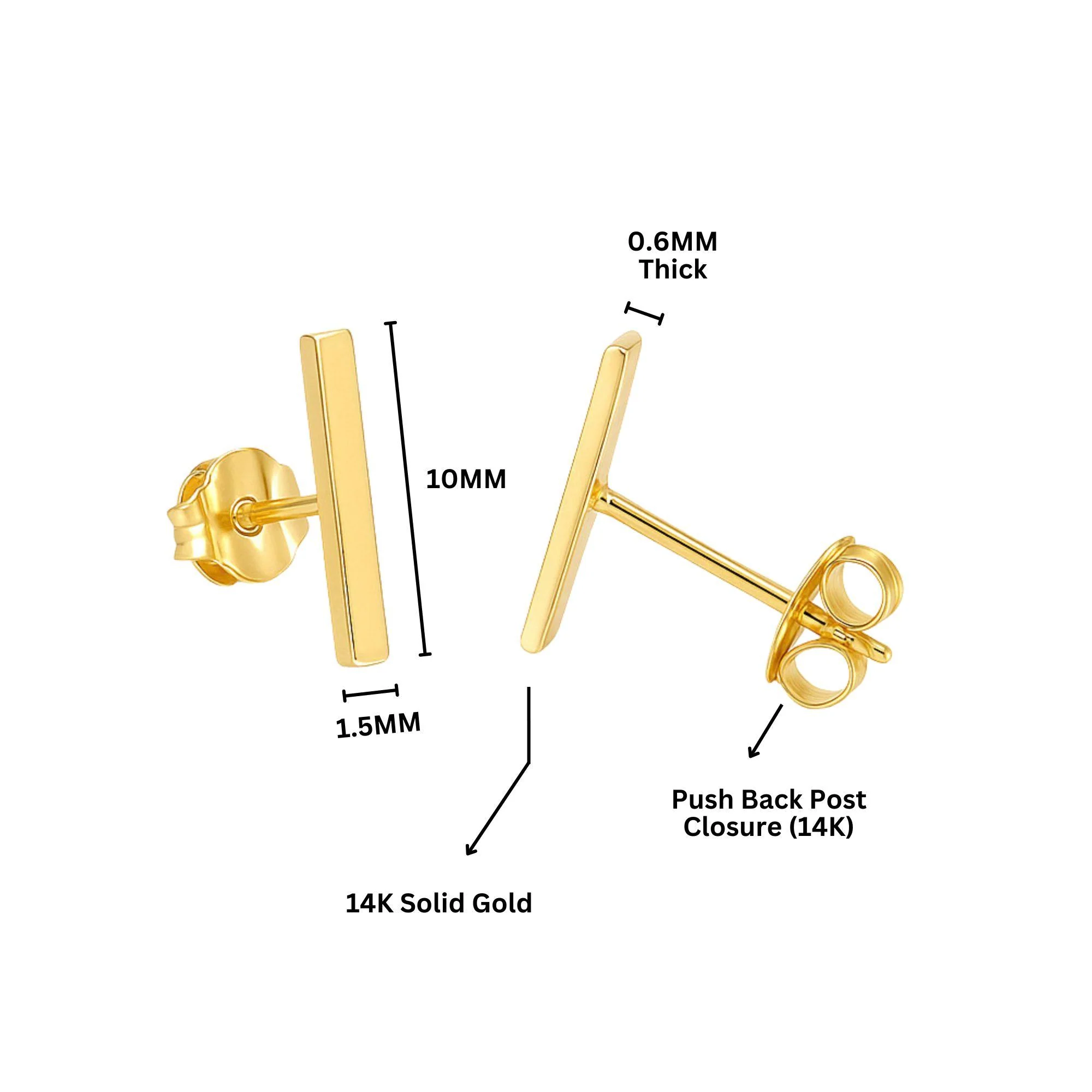 Thin 14K Gold Bar 10mm Stud Earrings On Push Backs - Image 5
