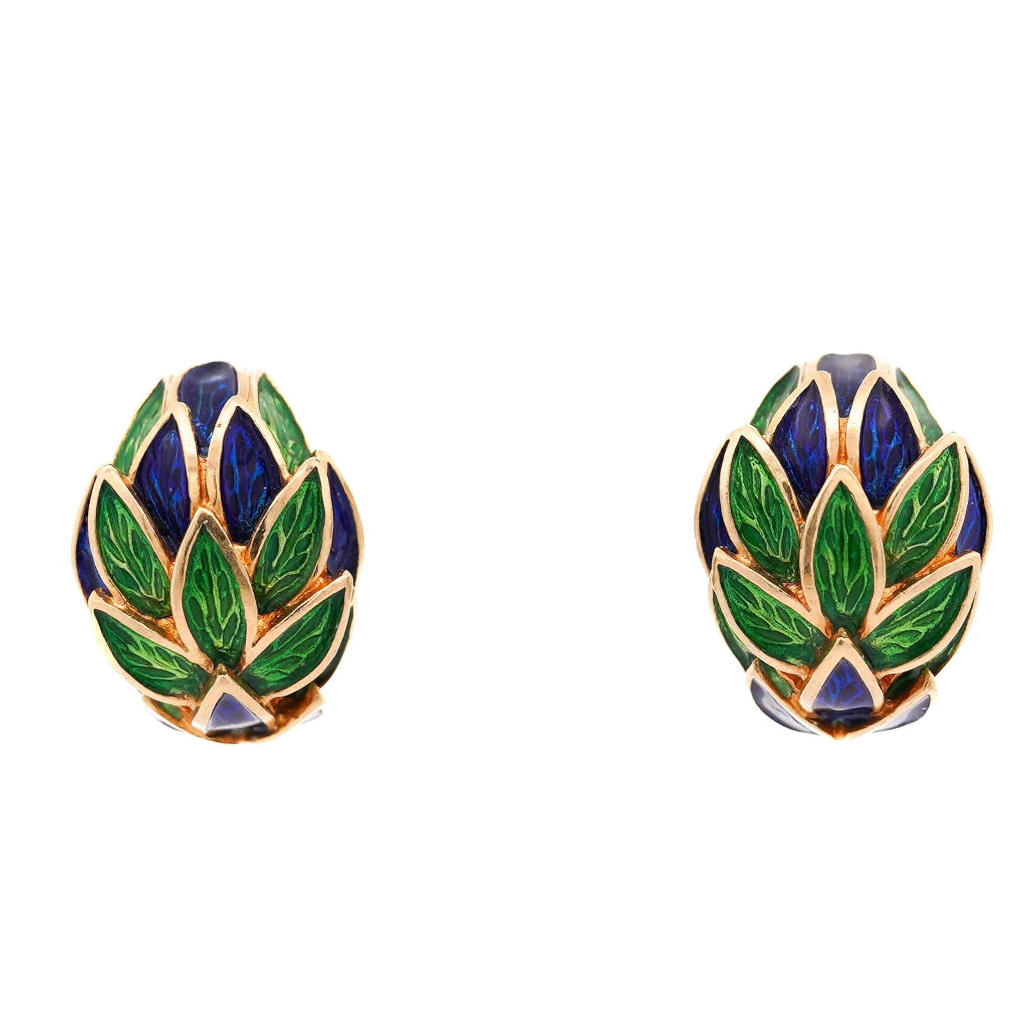 Tiffany & Co. 18K Gold Green and Blue Enamel Earring and Bracelet Set - Image 4