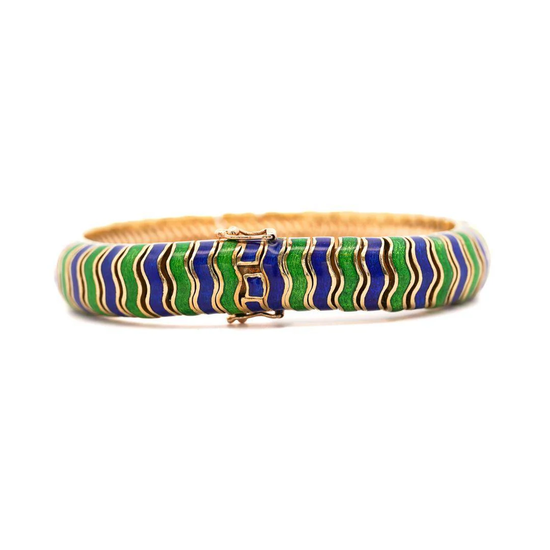 Tiffany & Co Green and Blue Enamel in 18K Yellow Gold Vintage Bracelet - Image 3