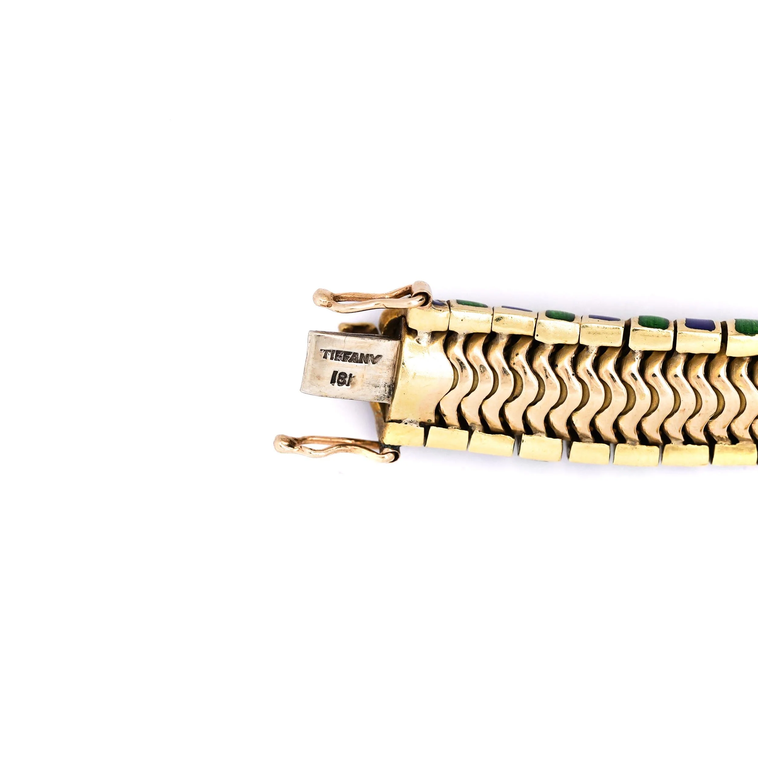 Tiffany & Co Green and Blue Enamel in 18K Yellow Gold Vintage Bracelet - Image 4