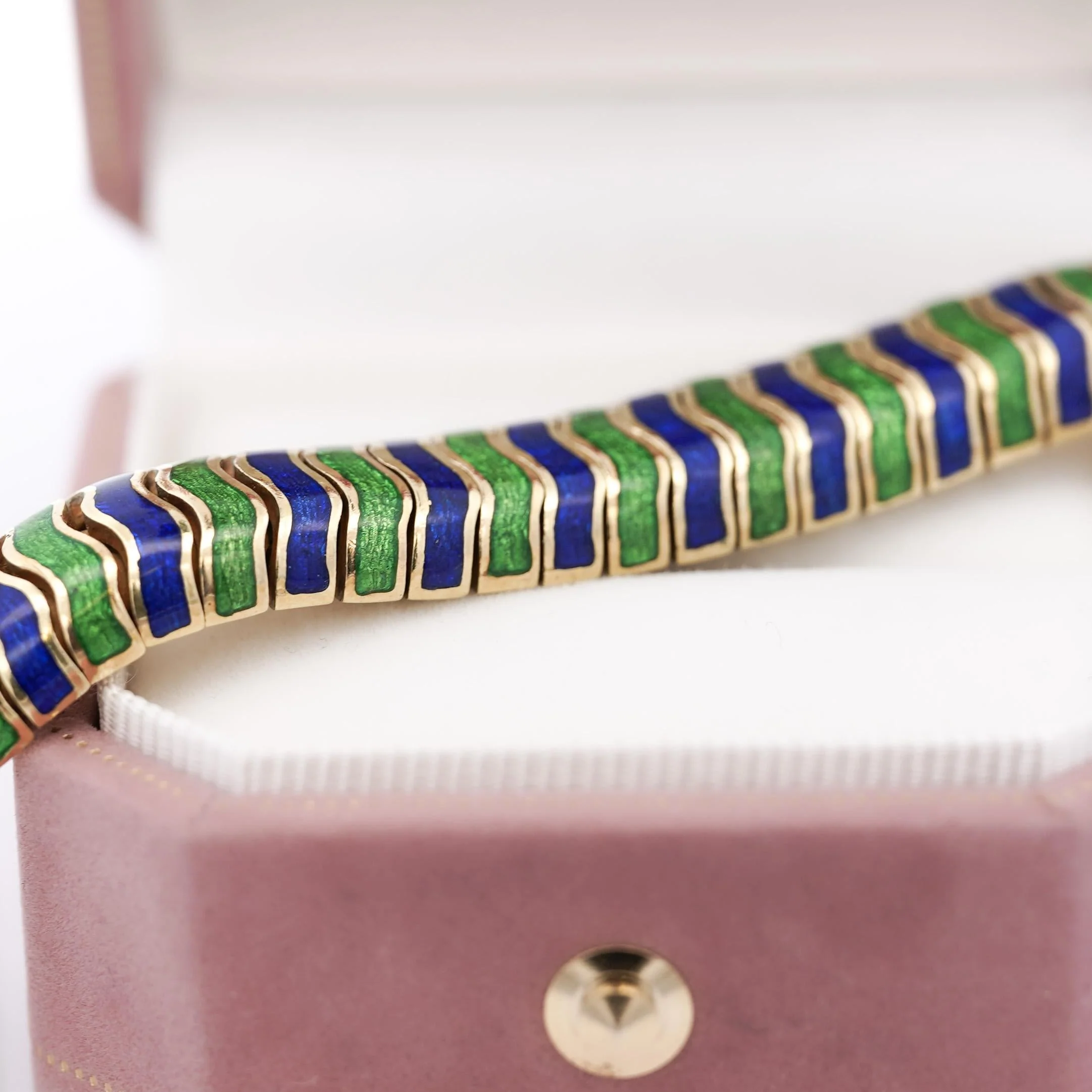 Tiffany & Co Green and Blue Enamel in 18K Yellow Gold Vintage Bracelet - Image 5
