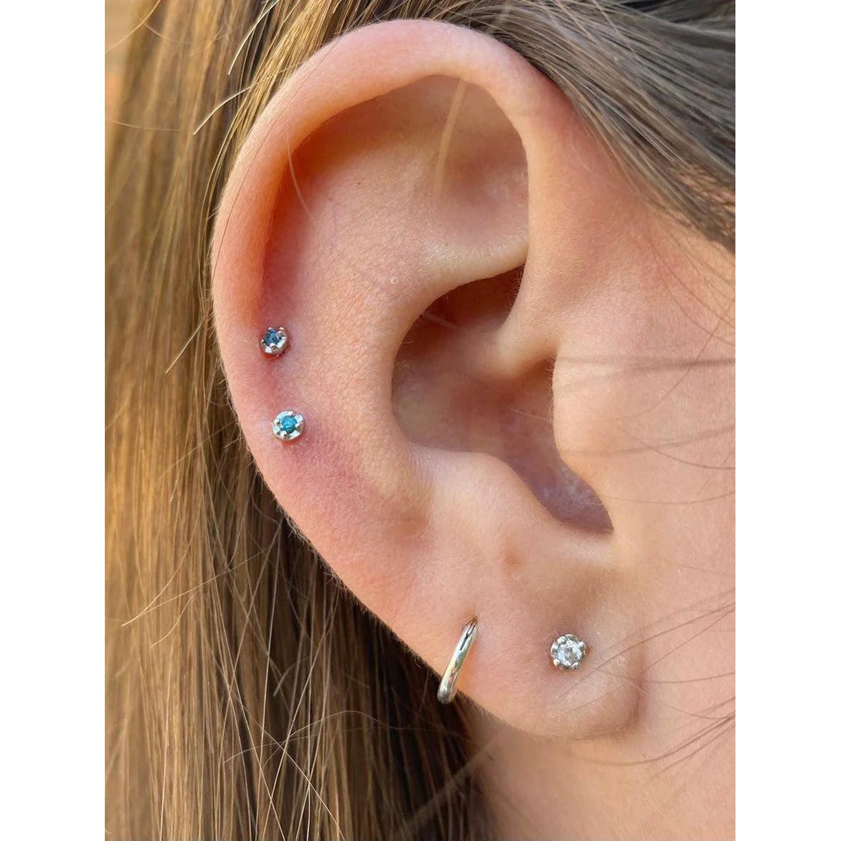 2.5mm Genuine Blue Diamond Stud Earrings in 14k White Gold Plated 925 Sterling Silver with Push Back Closure - Image 2