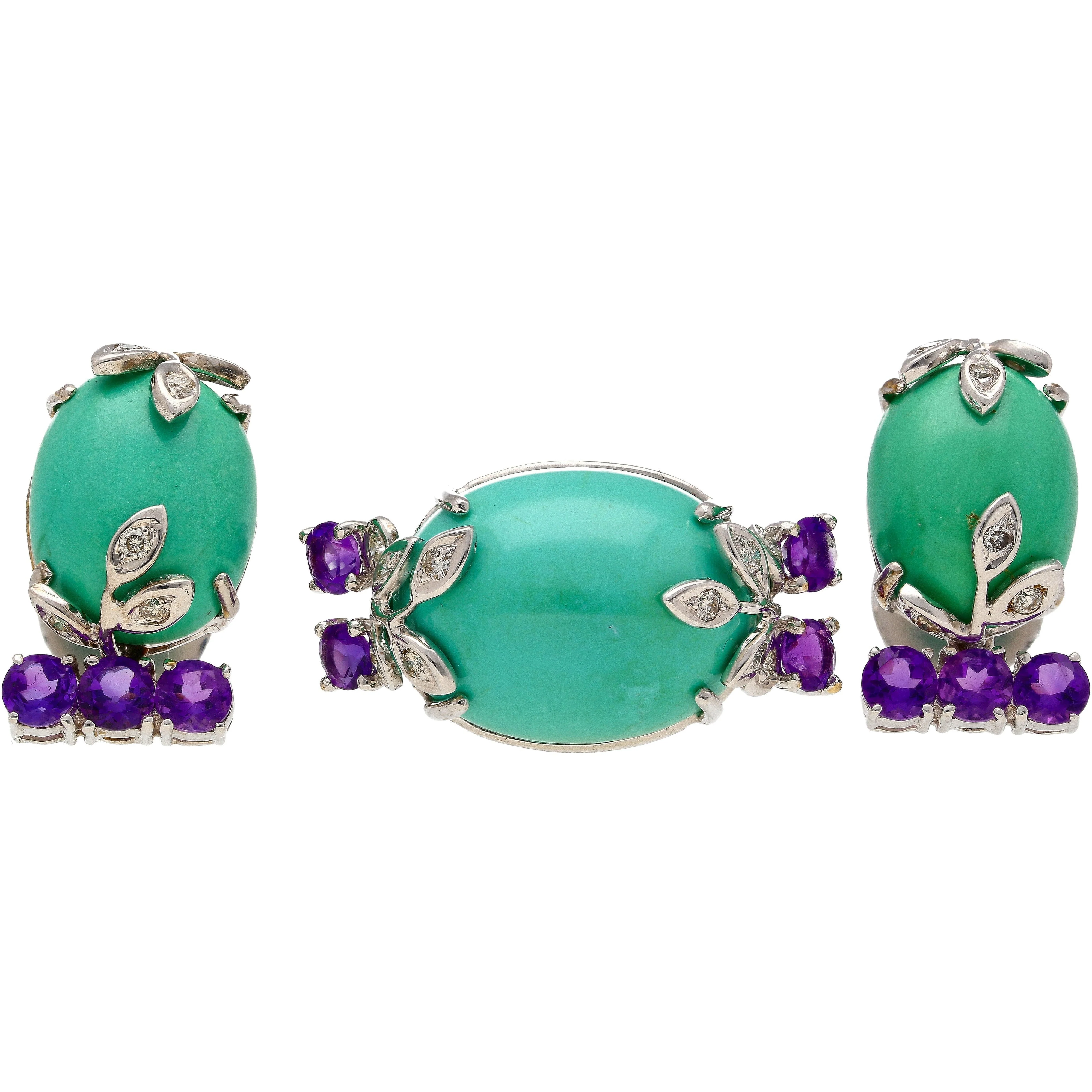 Vintage Turquoise, Amethyst and Diamond Ring, Earring, and Necklace Jewelry Set - Image 3