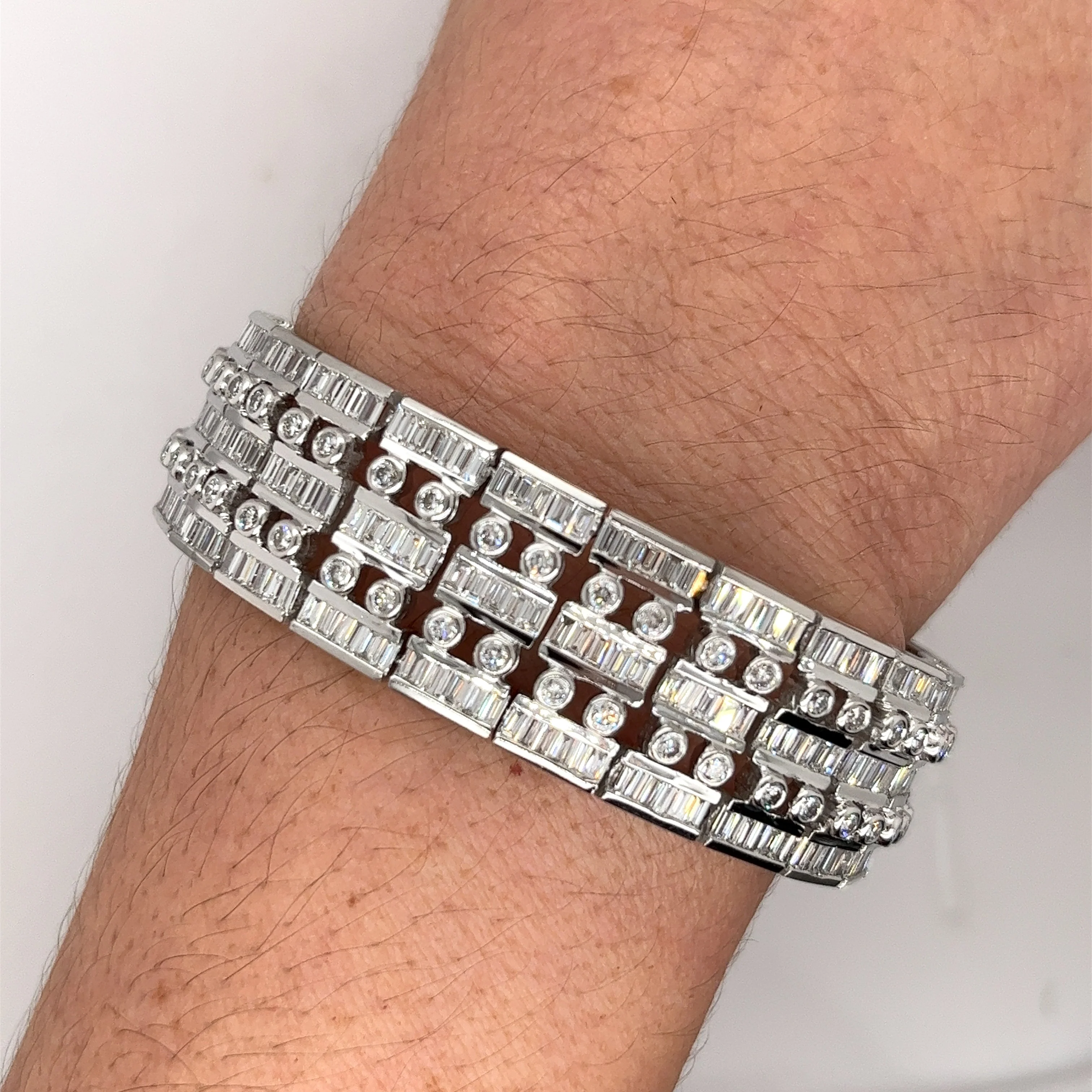 Unisex 18k Solid White Gold Baguette and Round Cut Natural Diamond 5-Row Multi Link Bracelet - Image 3