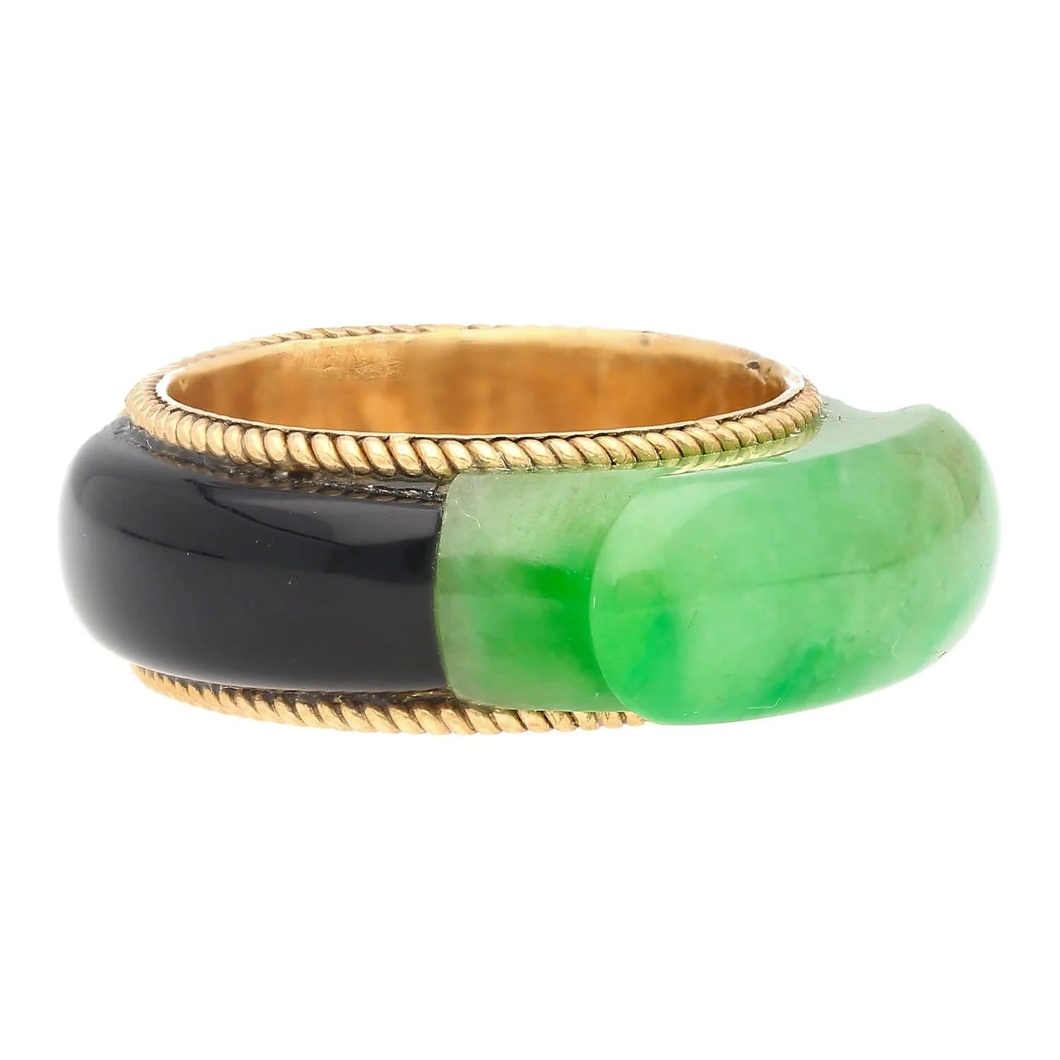 Vintage 11.40 Carved Jade with Onyx Band Ring in 14K Yellow Gold - Image 3
