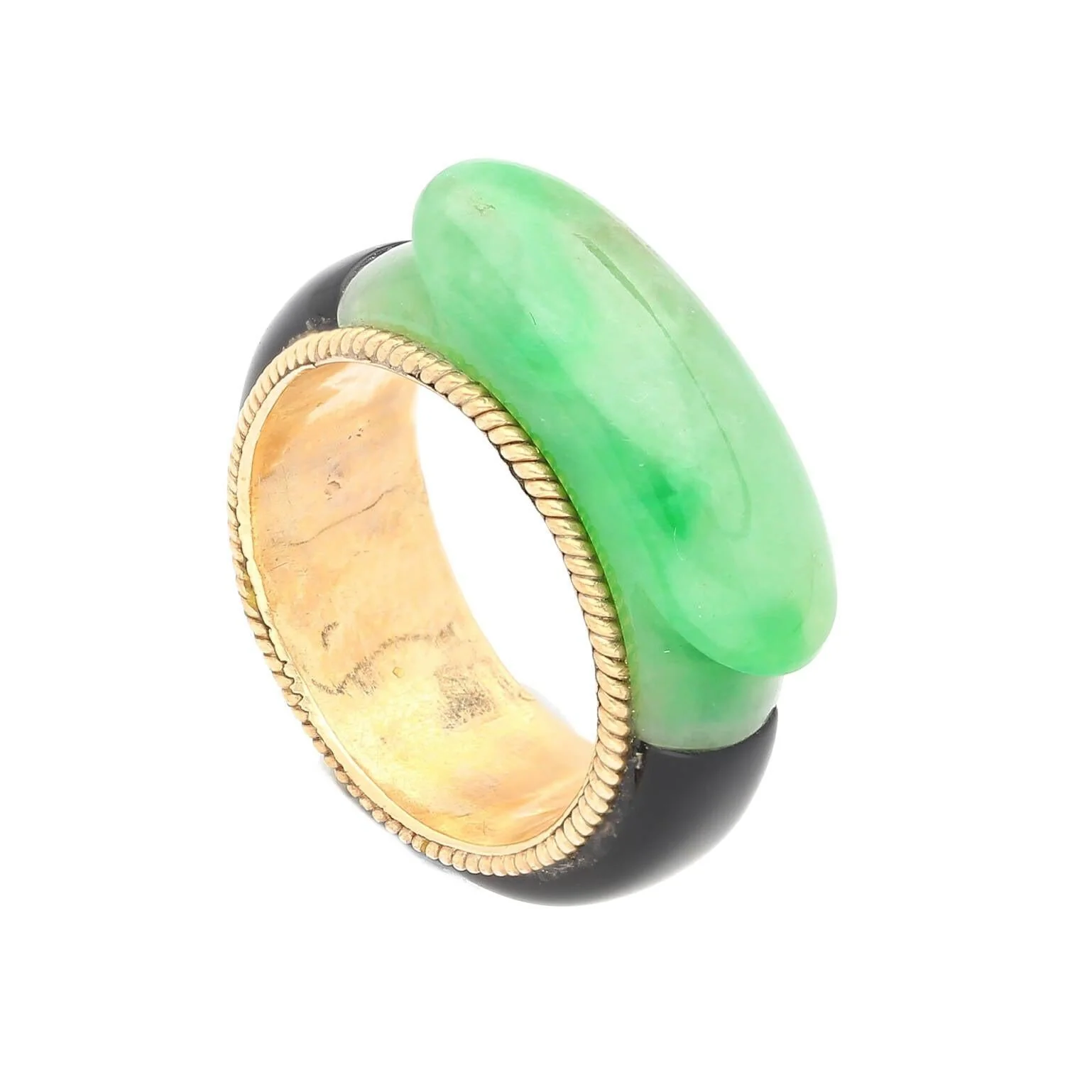 Vintage 11.40 Carved Jade with Onyx Band Ring in 14K Yellow Gold - Image 6