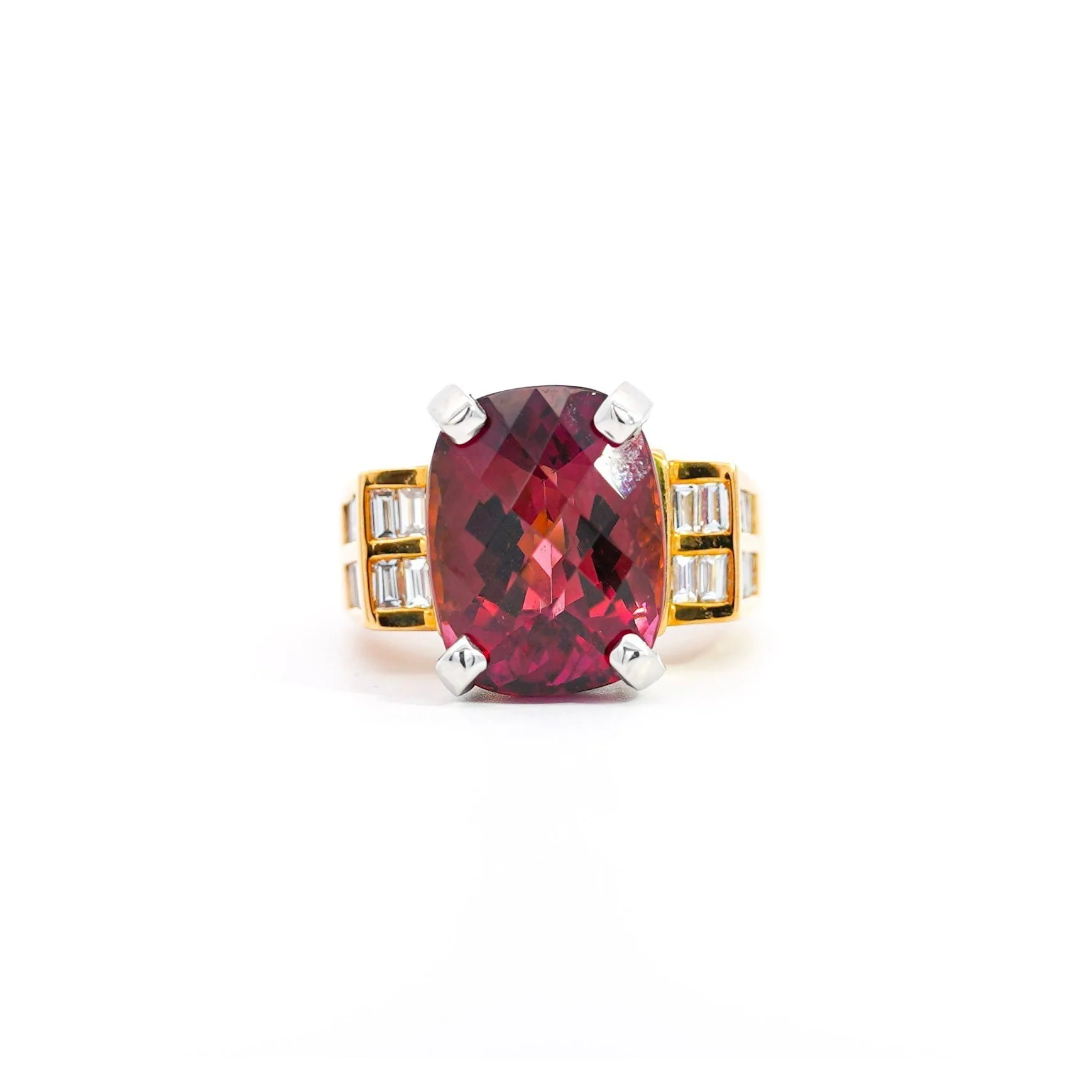 Vintage 13.50 Carat GIA Certified Purplish-Pink Tourmaline and Diamond 18K and Platinum Ring