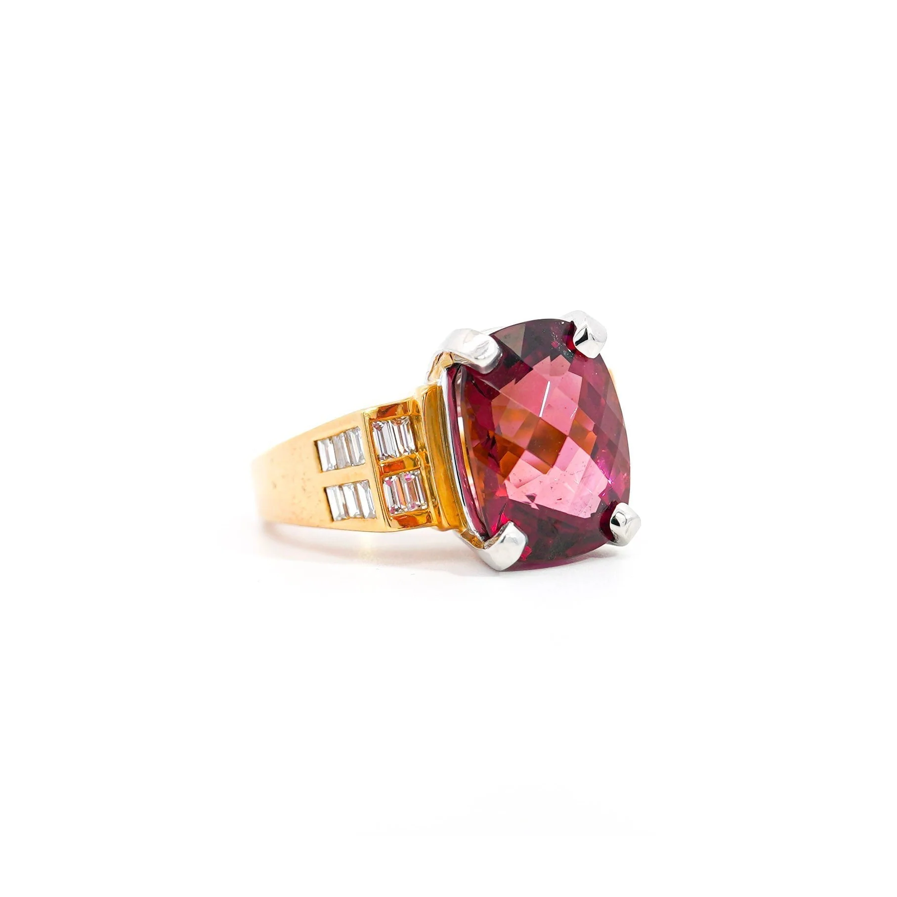 Vintage 13.50 Carat GIA Certified Purplish-Pink Tourmaline and Diamond 18K and Platinum Ring - Image 2