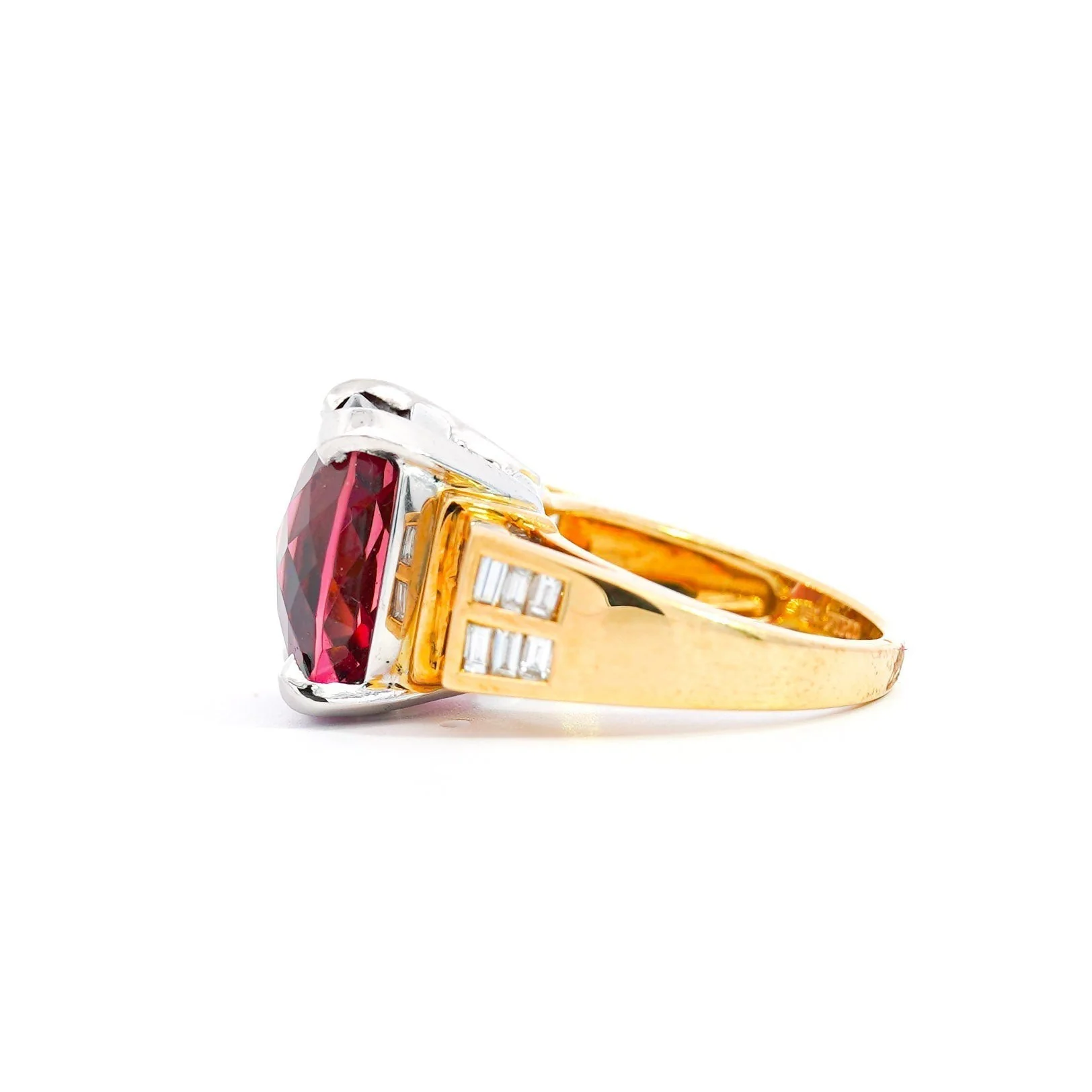 Vintage 13.50 Carat GIA Certified Purplish-Pink Tourmaline and Diamond 18K and Platinum Ring - Image 3