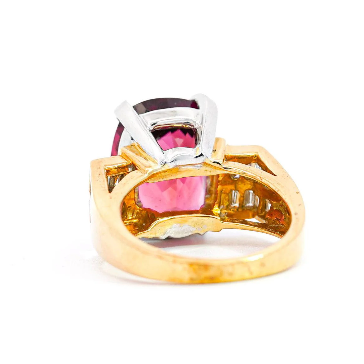 Vintage 13.50 Carat GIA Certified Purplish-Pink Tourmaline and Diamond 18K and Platinum Ring - Image 4
