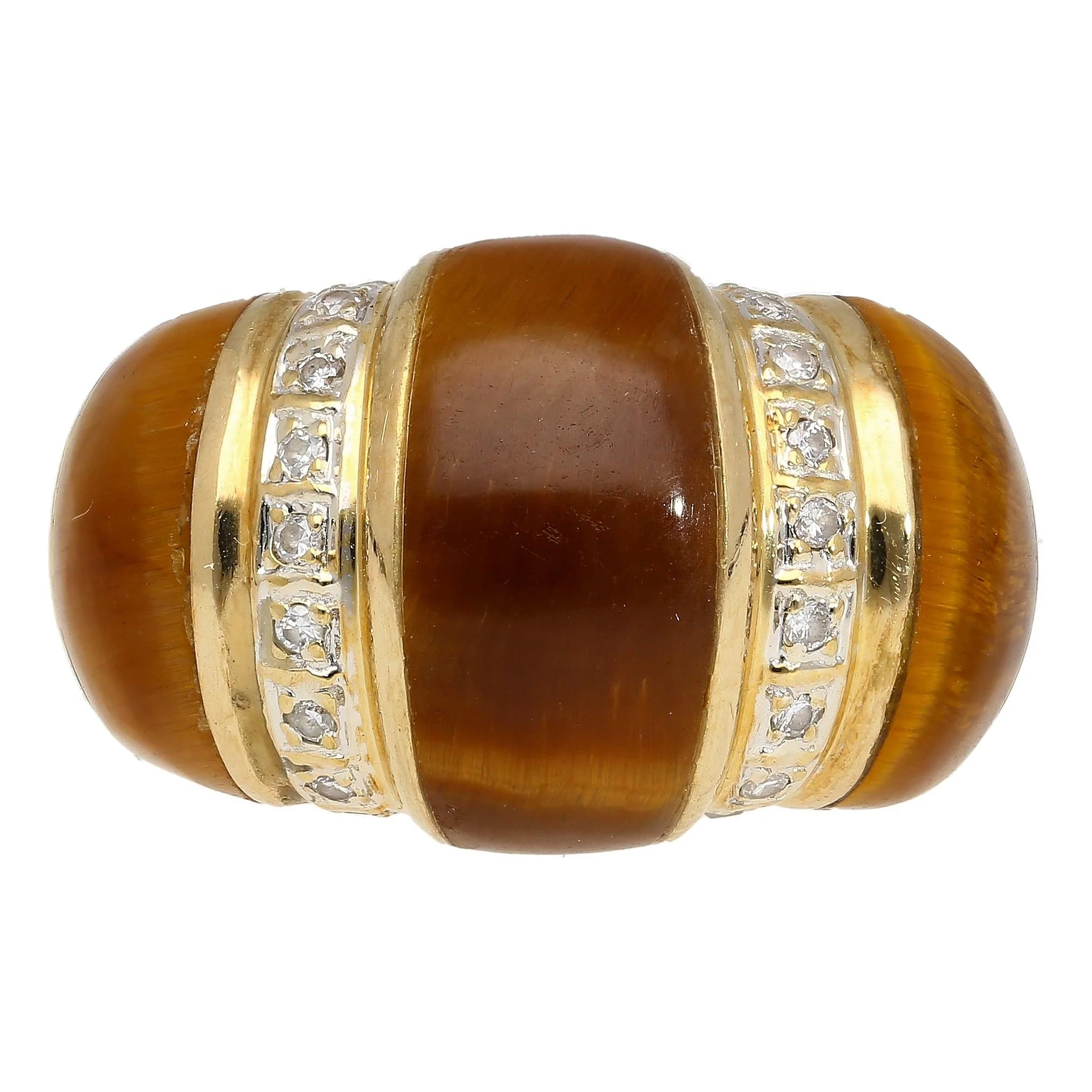 Vintage 14K Yellow Gold Tigers Eye & Diamond Dome Ring - Image 2