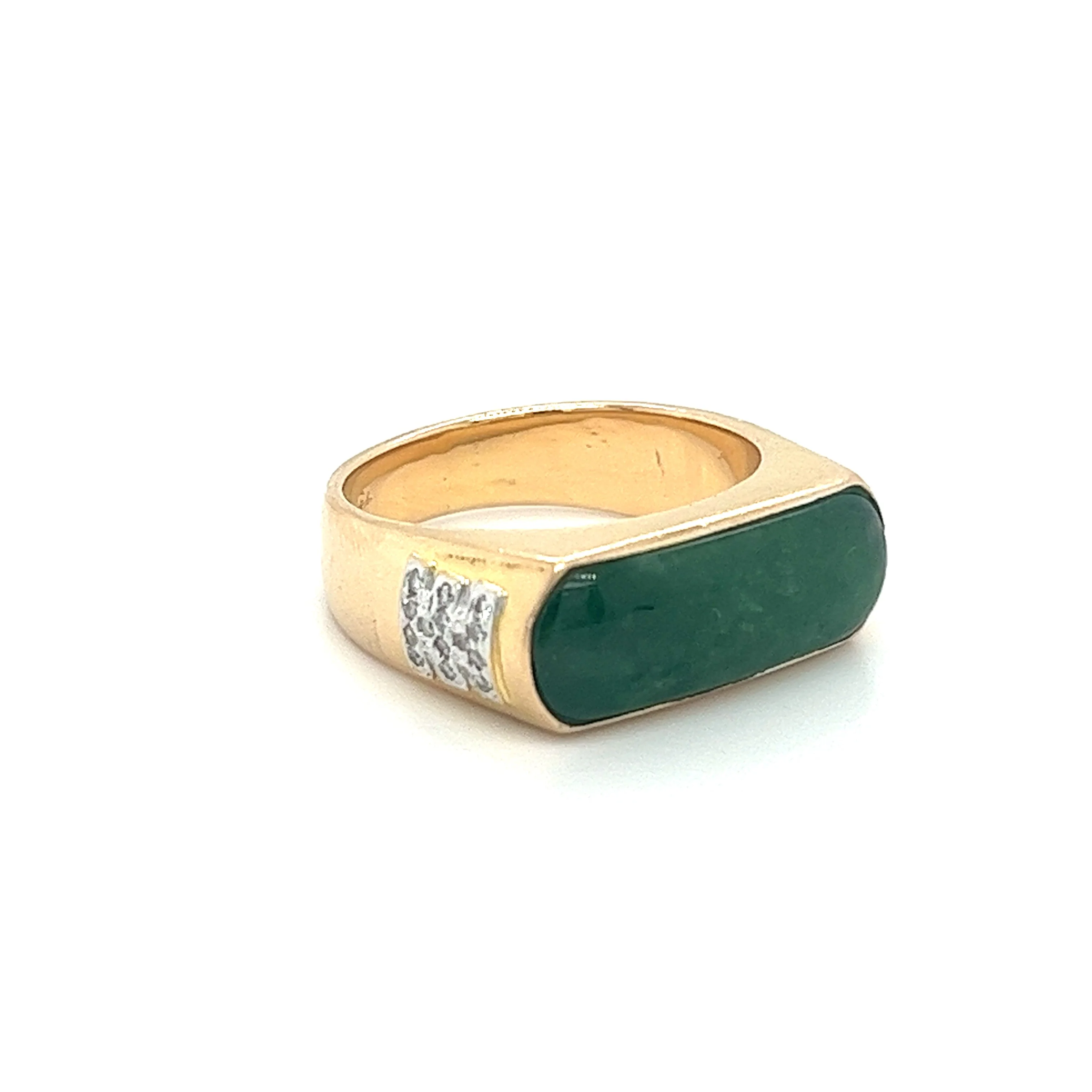 Vintage 18K Yellow Gold Jadeite Jade and 0.20 CTW Diamond Horizontal Wide Face Unisex Ring - Image 2