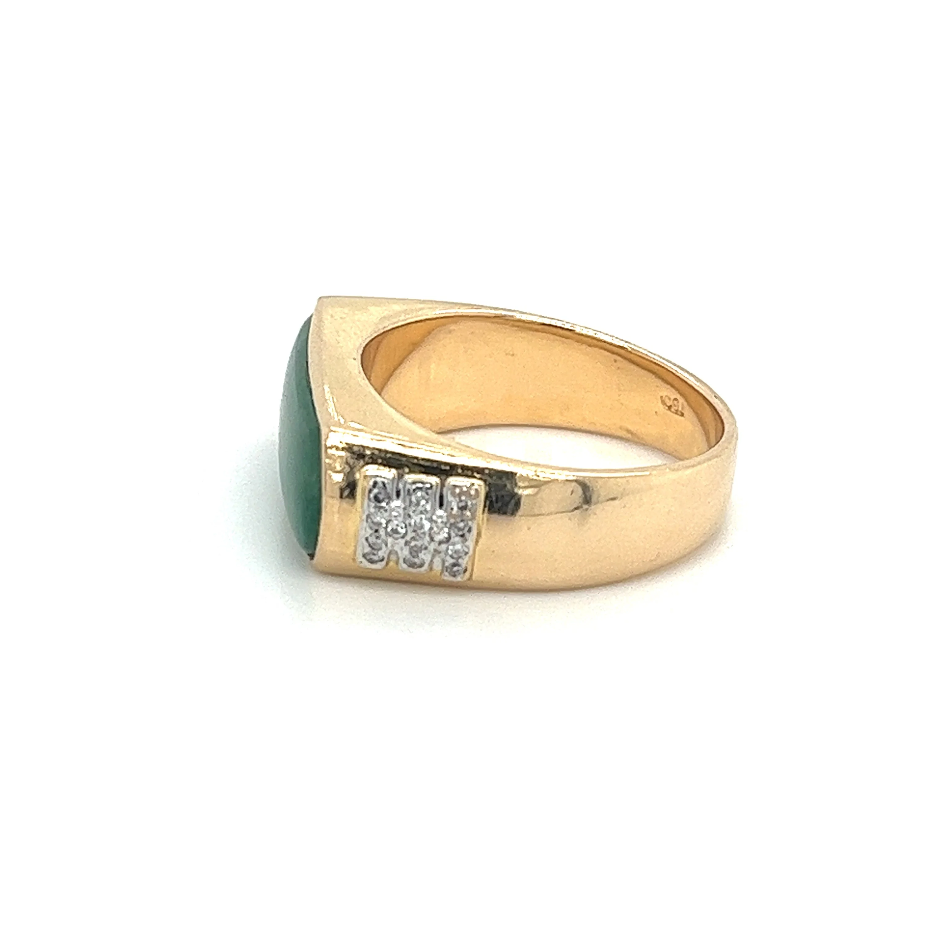 Vintage 18K Yellow Gold Jadeite Jade and 0.20 CTW Diamond Horizontal Wide Face Unisex Ring - Image 3