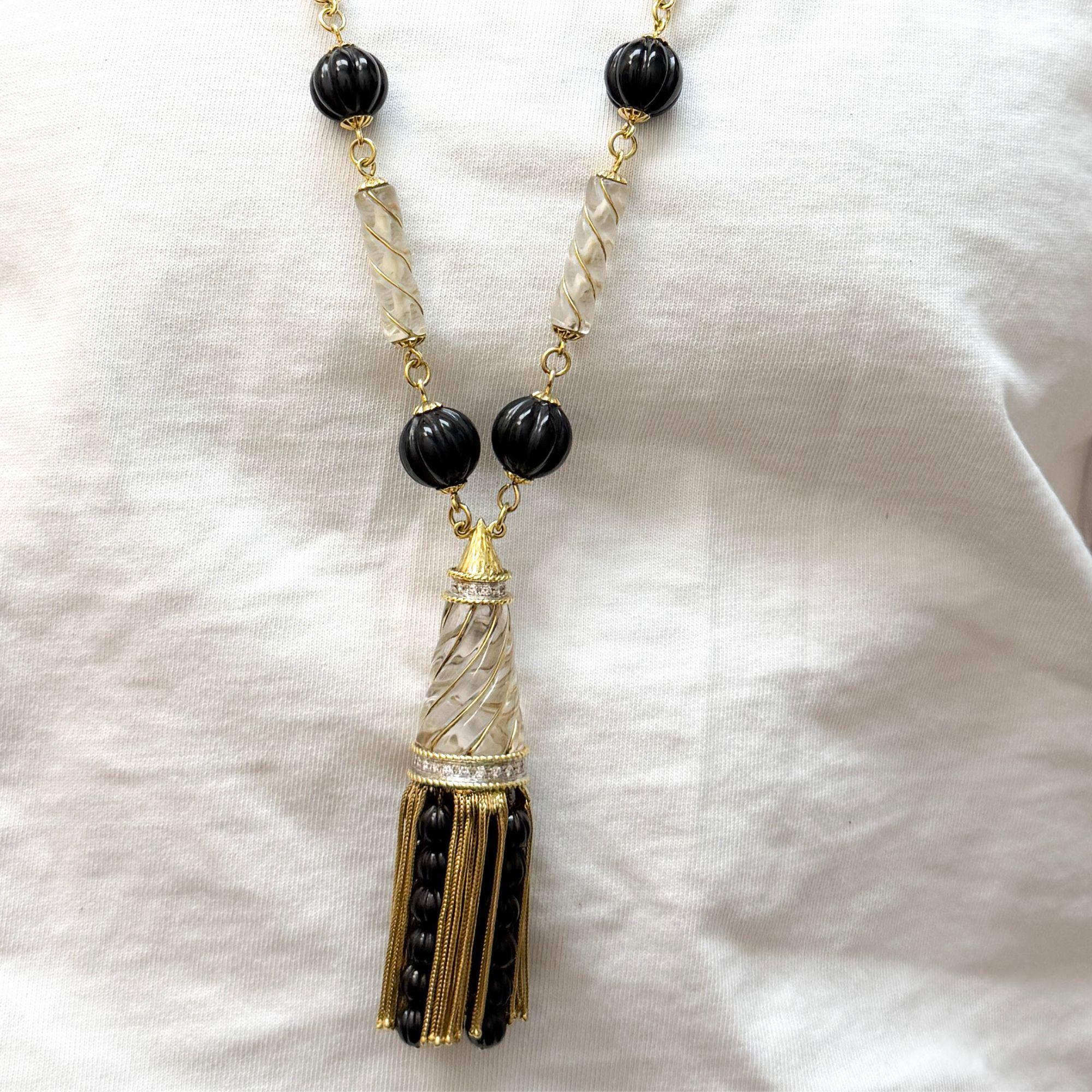 Vintage 18K Gold Tassel Necklace Quartz Black Onyx Diamond - 30 inches - Image 10