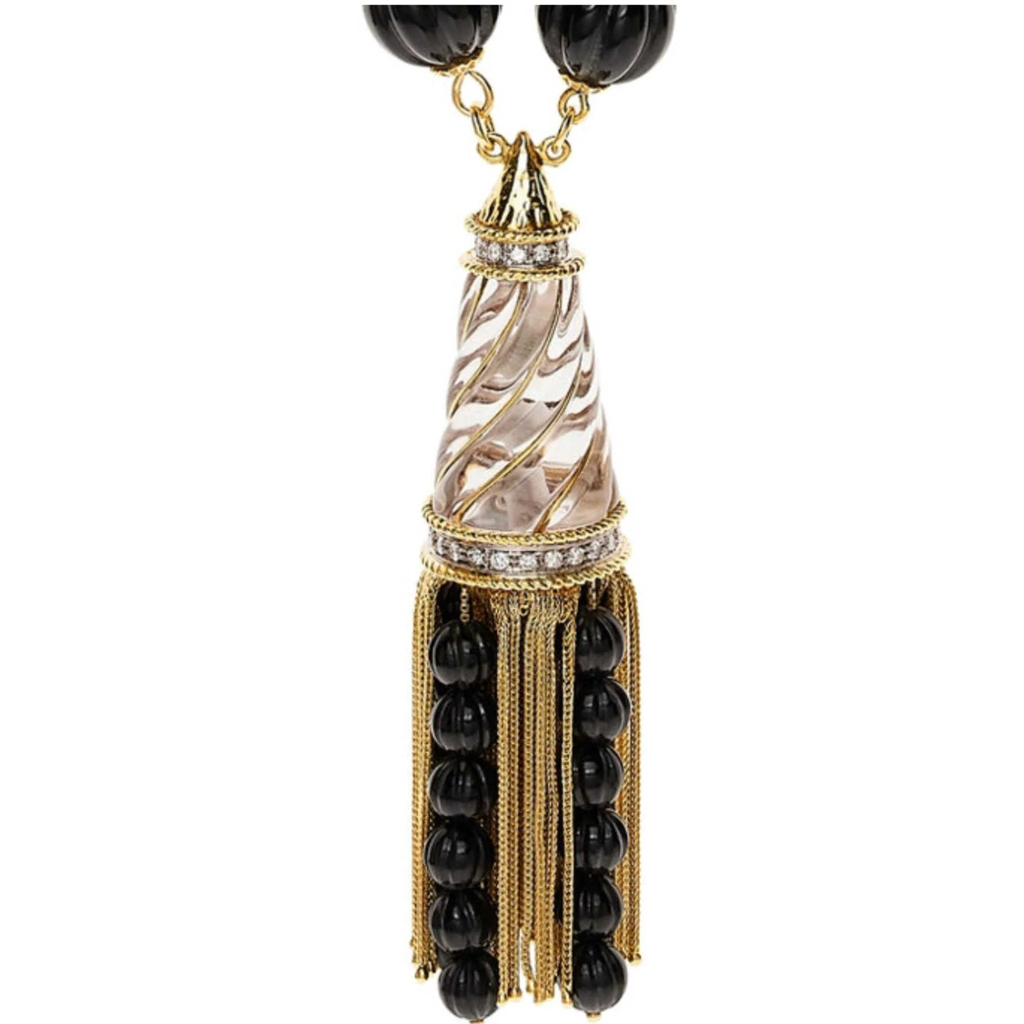 Vintage 18K Gold Tassel Necklace Quartz Black Onyx Diamond - 30 inches - Image 3