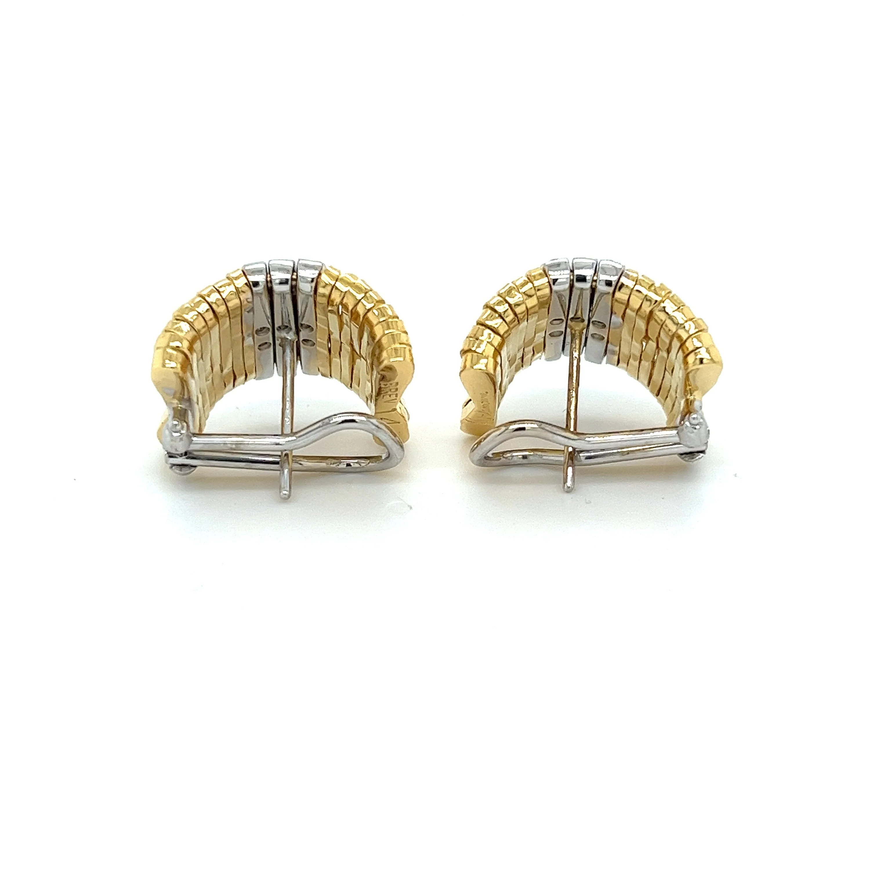 Orlandini Signed 18K Two Tone Gold Ribbed Bar Hug Hoop Earrings with Round Cut Diamonds - Image 3