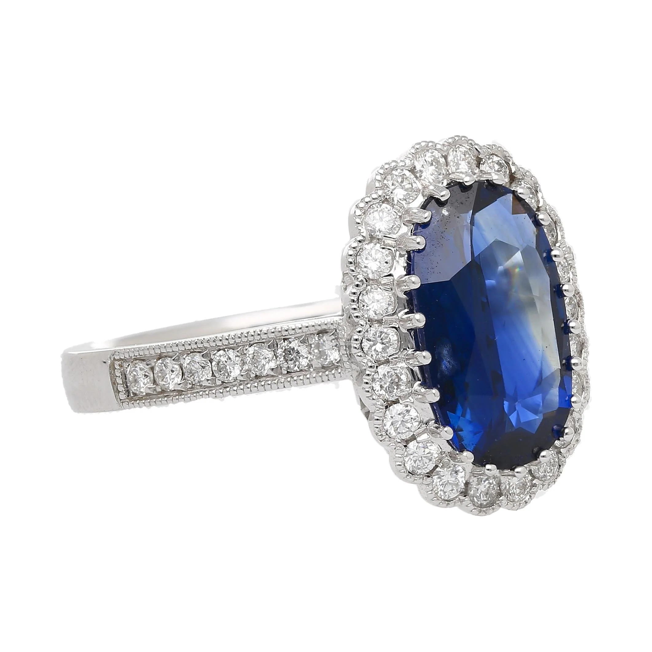 Vintage 2.38 Carat No Heat Oval Blue Sapphire & Milgrain Finish Diamond Ring - Image 2