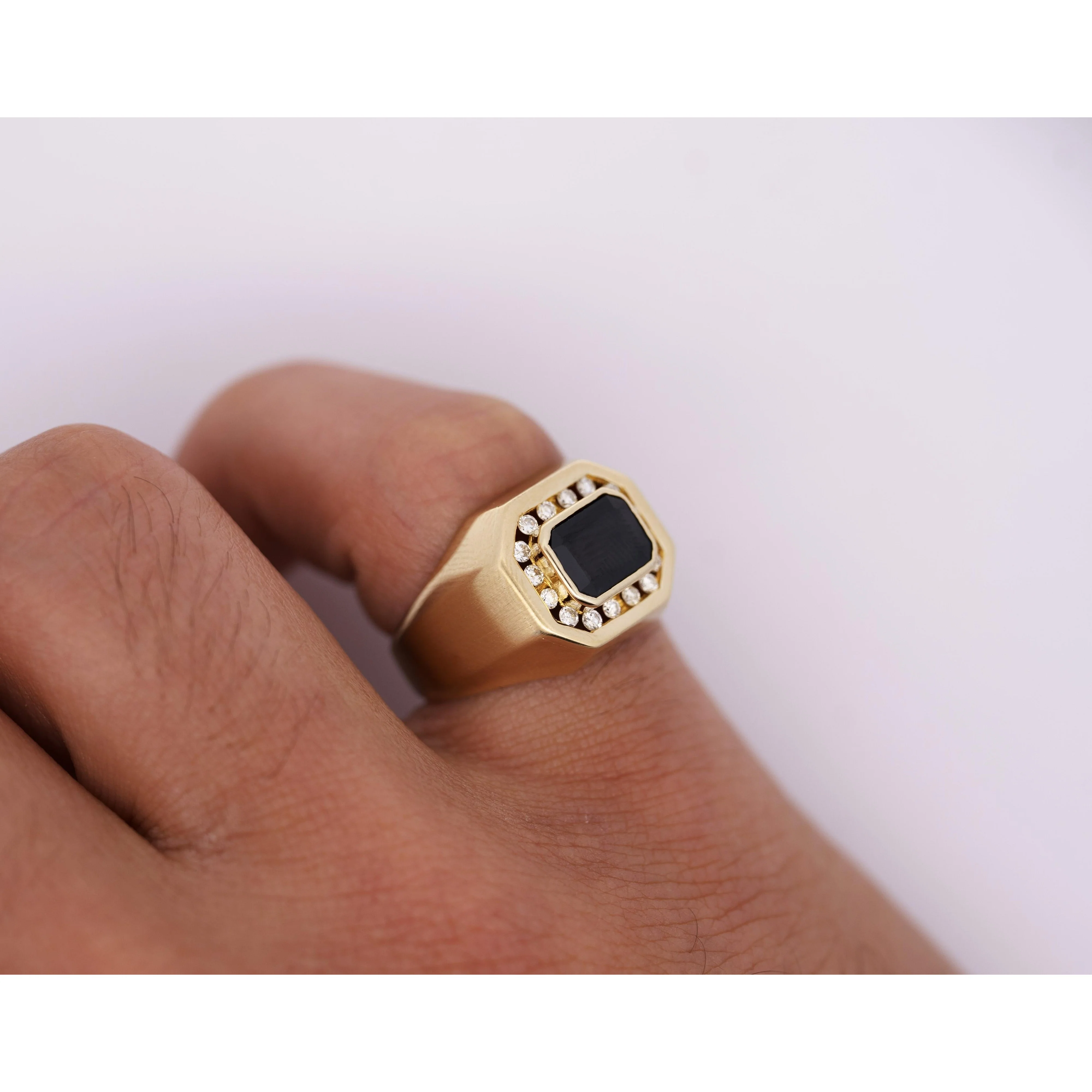 Vintage 2.5 Carat Emerald Cut Blue Sapphire & Diamond Matte Finish Mens Ring - Image 6