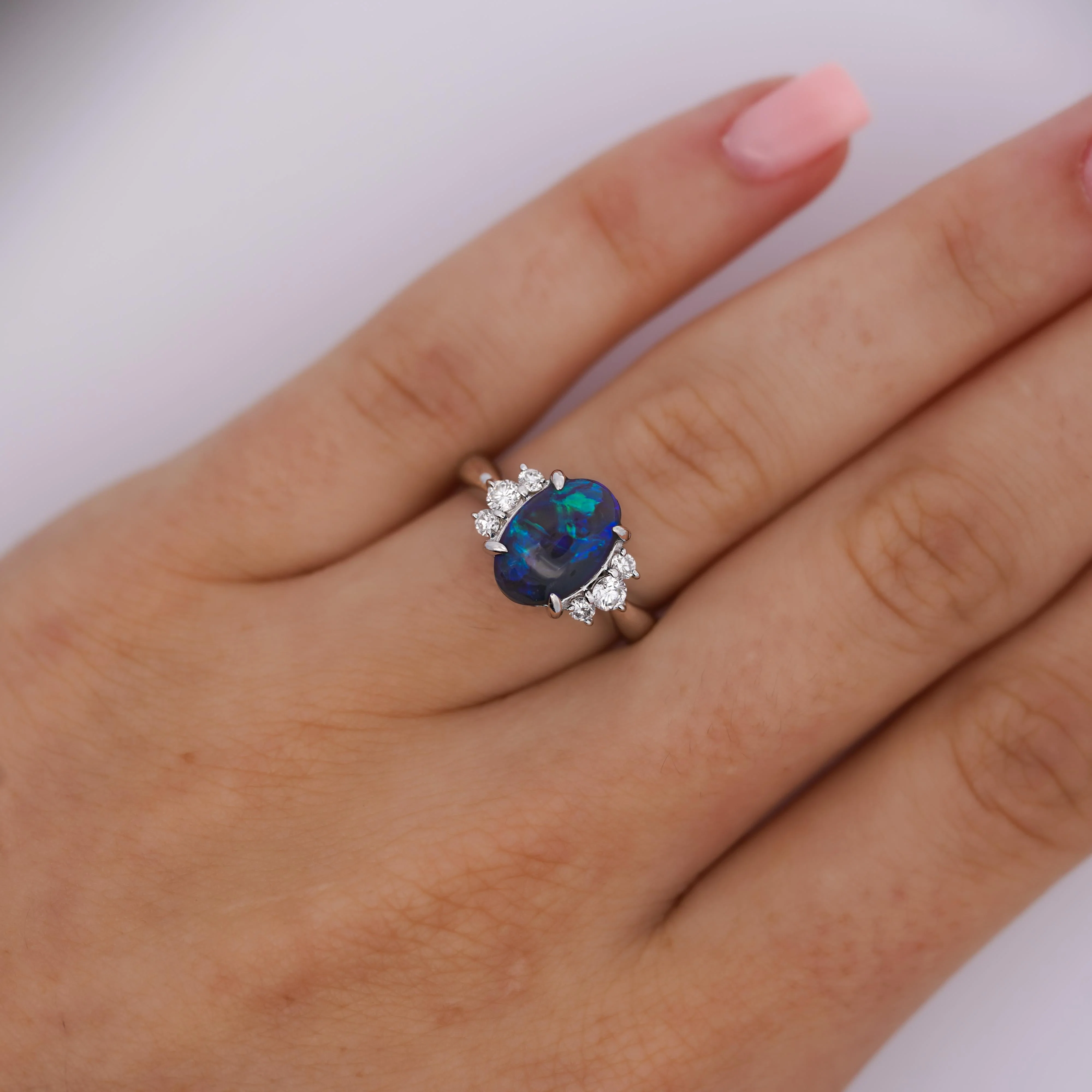 Vintage 2 Carat Oval Black Opal & Diamond 3 Stone Platinum Ring GIA Certified - Image 6