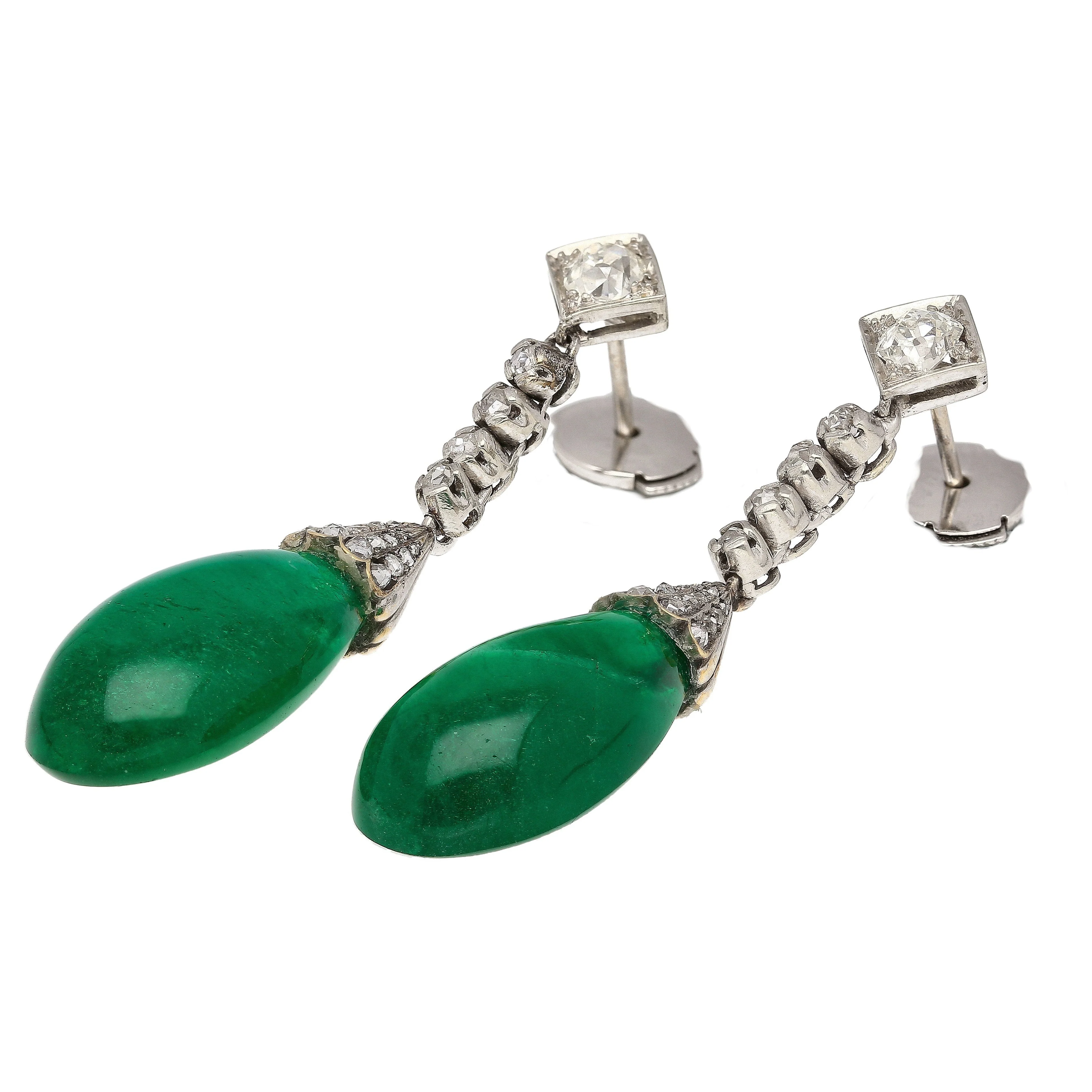 Art Deco Era 21 Carat Cabochon Pear Shape Emerald Drop Earrings | Circa 1940 - Image 2