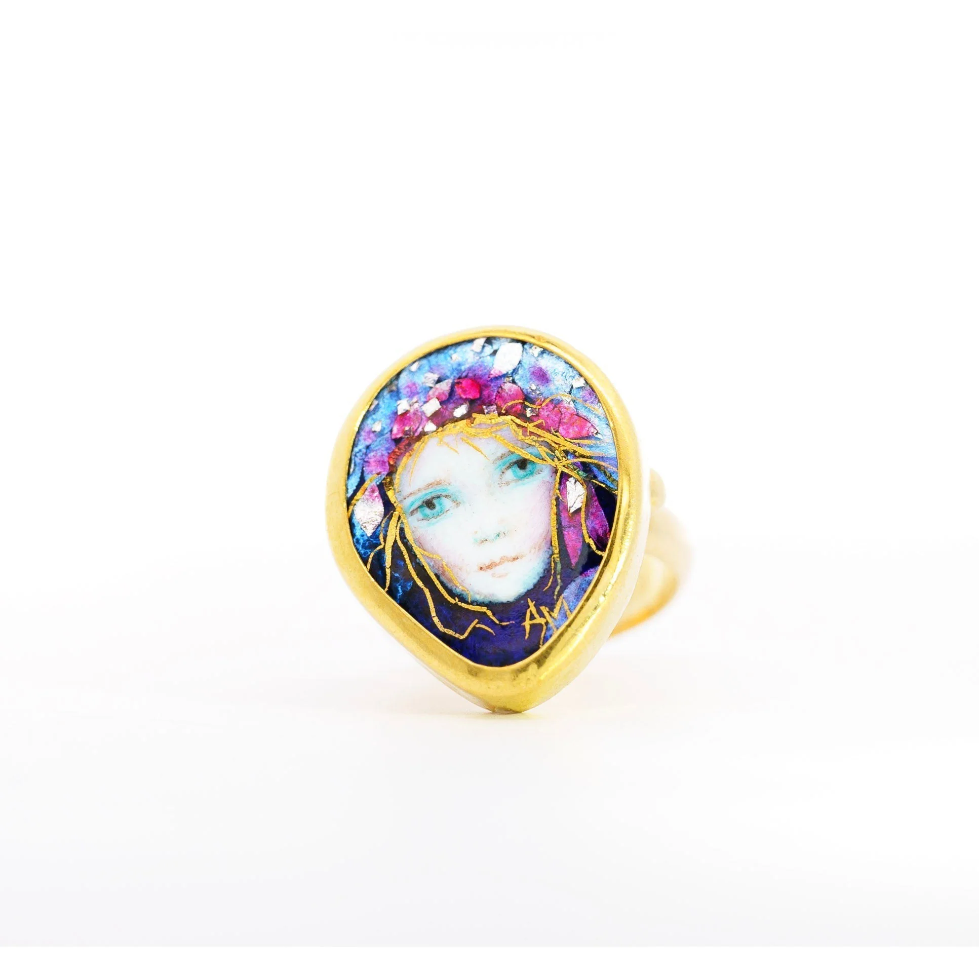 Vintage 22K Enamel and Gold "Auspice Maria" Saint Mary motif Christian Ring - Image 2