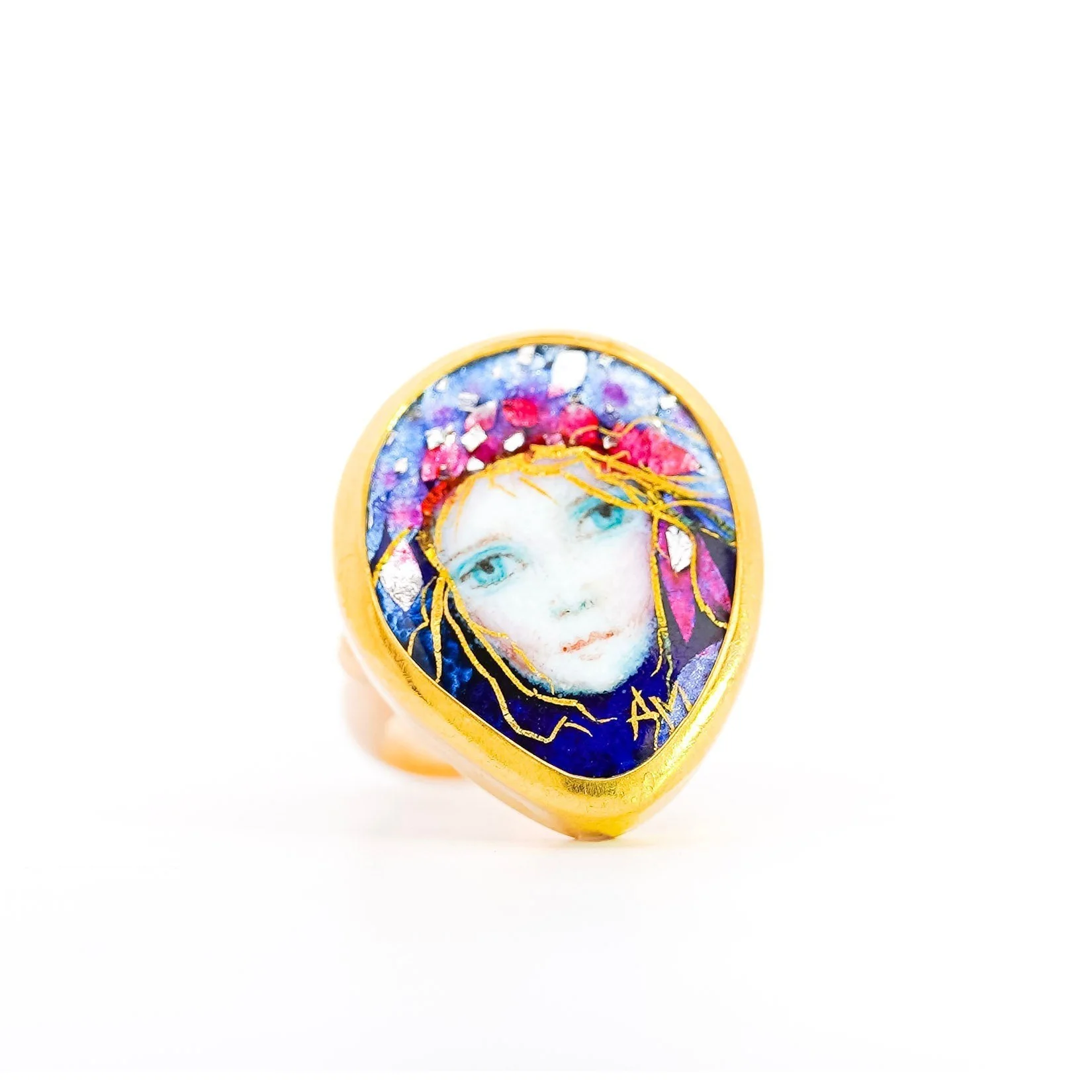 Vintage 22K Enamel and Gold "Auspice Maria" Saint Mary motif Christian Ring - Image 3