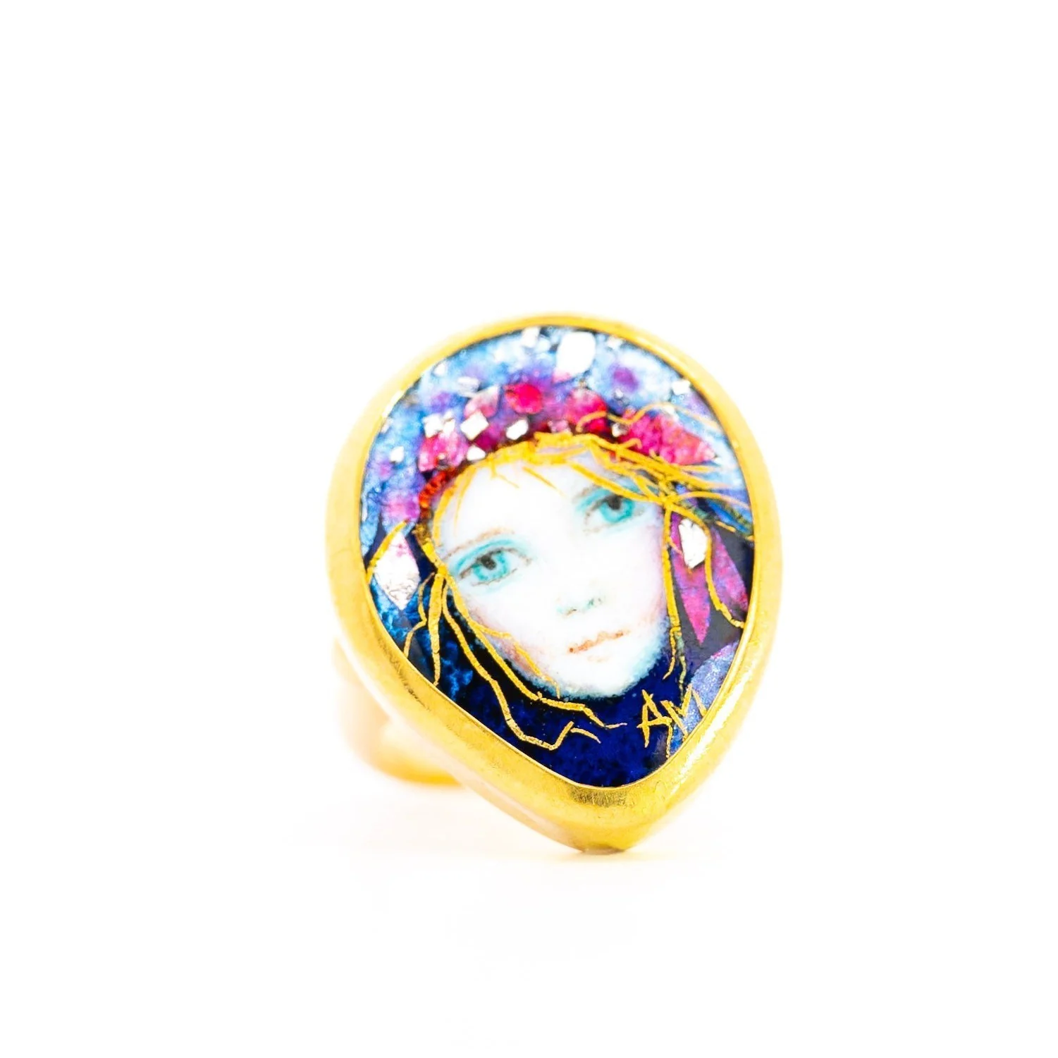 Vintage 22K Enamel and Gold "Auspice Maria" Saint Mary motif Christian Ring - Image 4