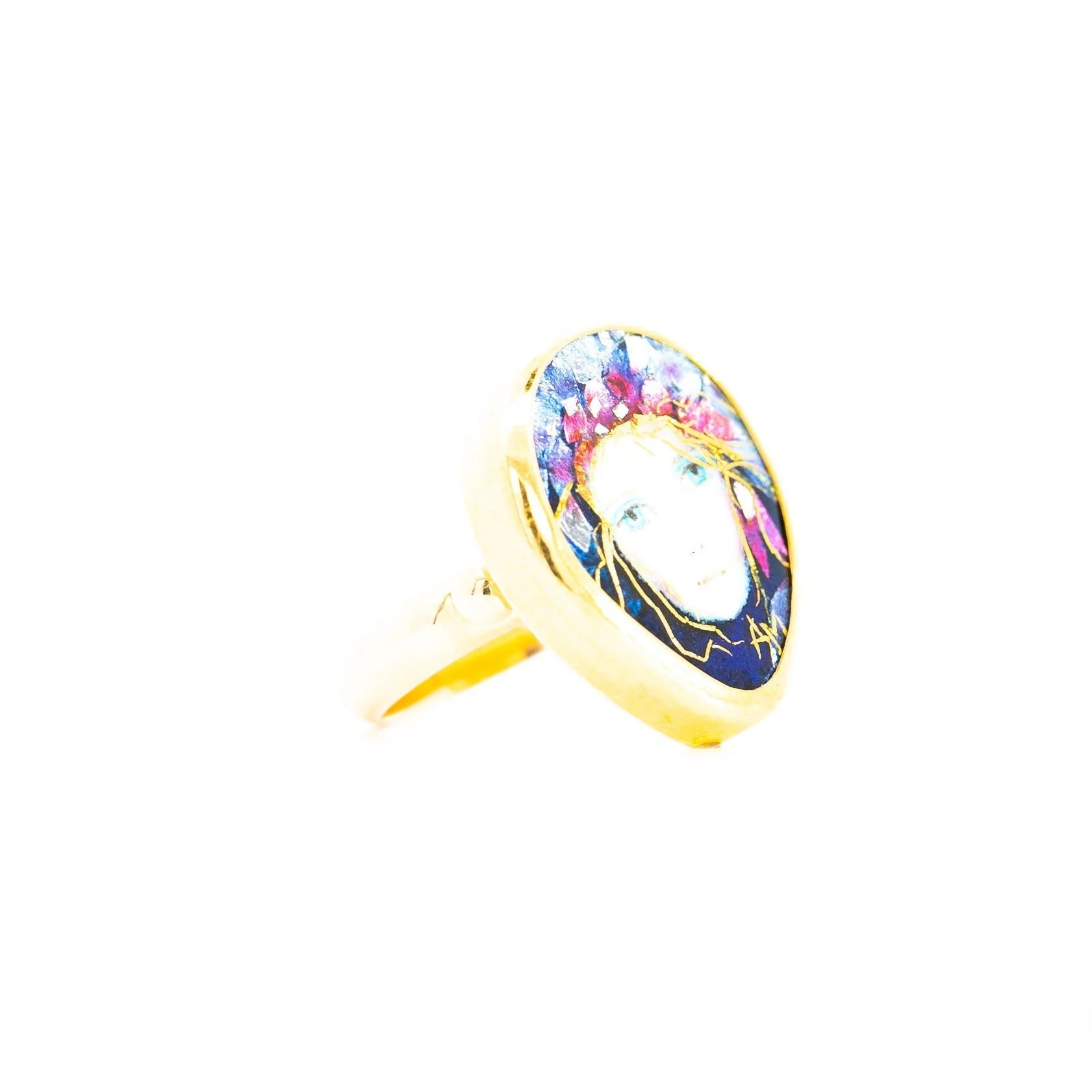 Vintage 22K Enamel and Gold "Auspice Maria" Saint Mary motif Christian Ring - Image 6