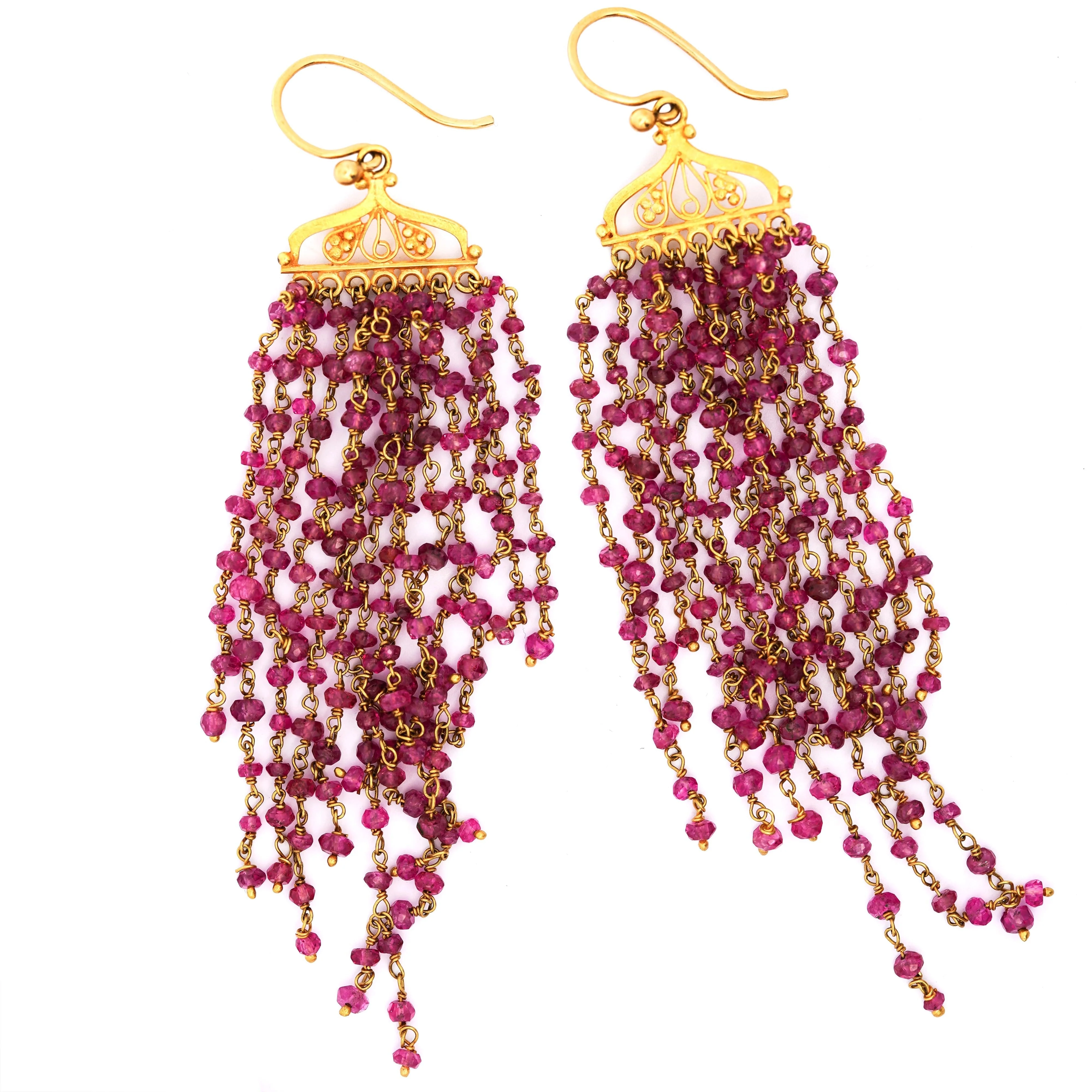 Vintage 22K Gold Pink Tourmaline Bead Indian Chandelier Drop Earrings - Image 2