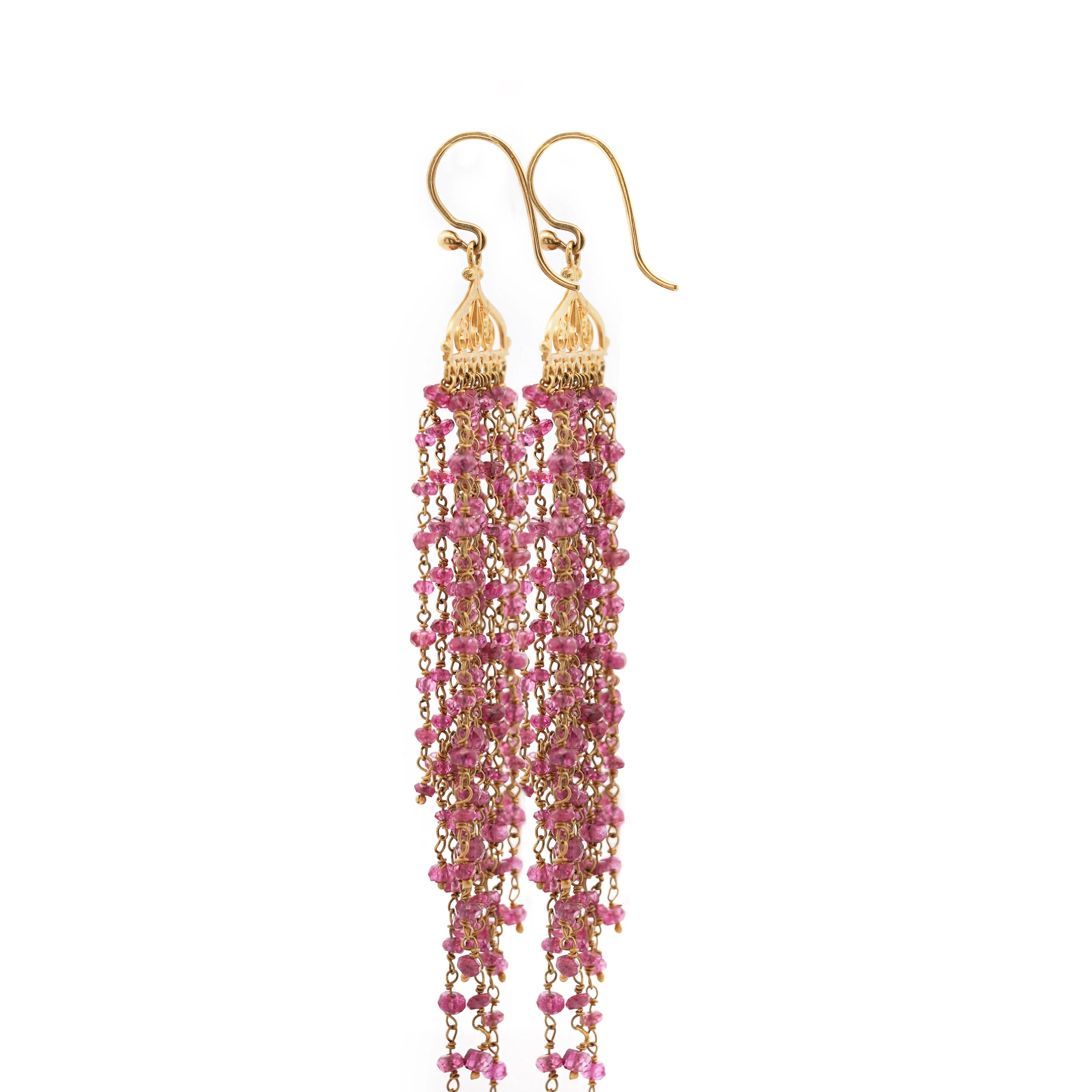 Vintage 22K Gold Pink Tourmaline Bead Indian Chandelier Drop Earrings - Image 4