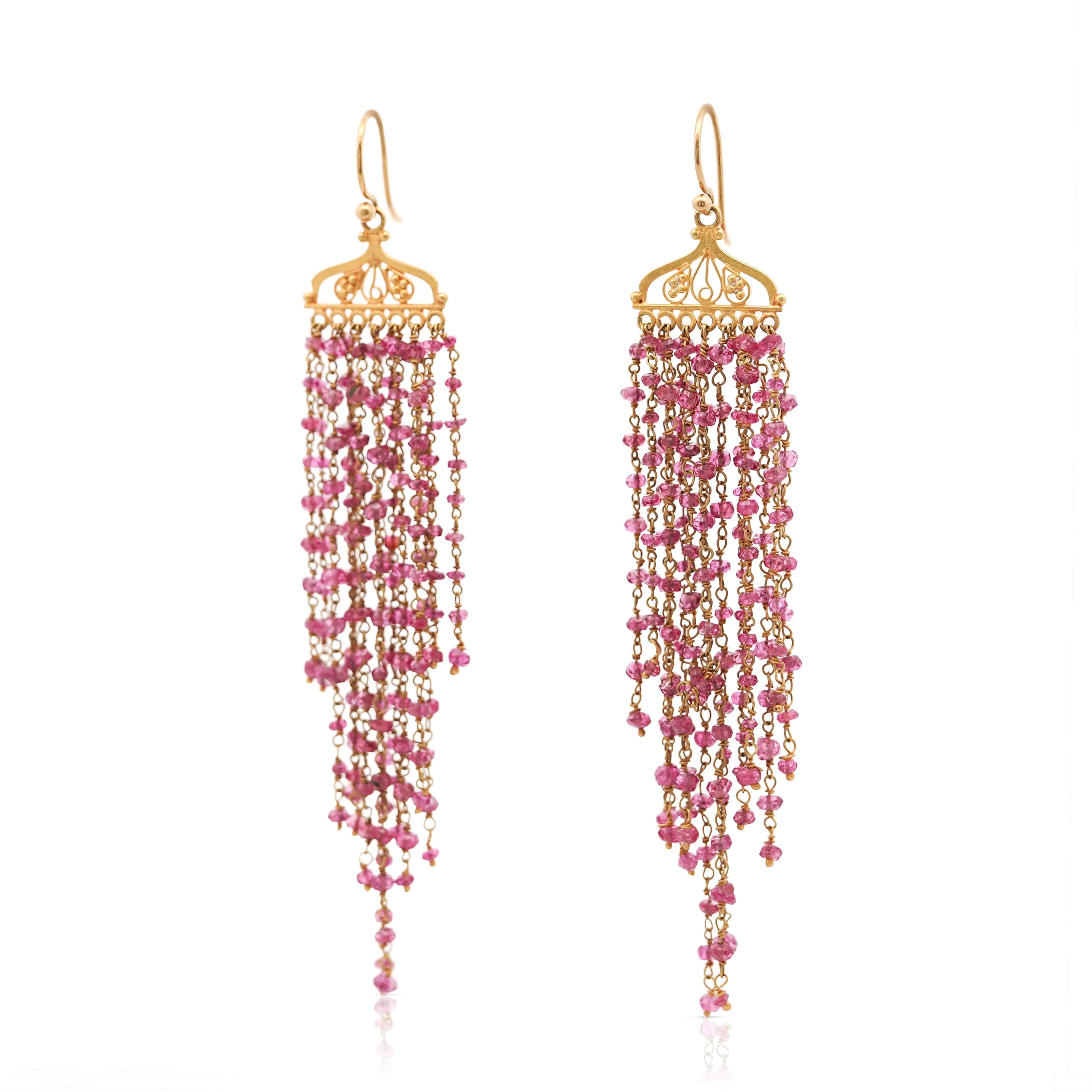 Vintage 22K Gold Pink Tourmaline Bead Indian Chandelier Drop Earrings - Image 5