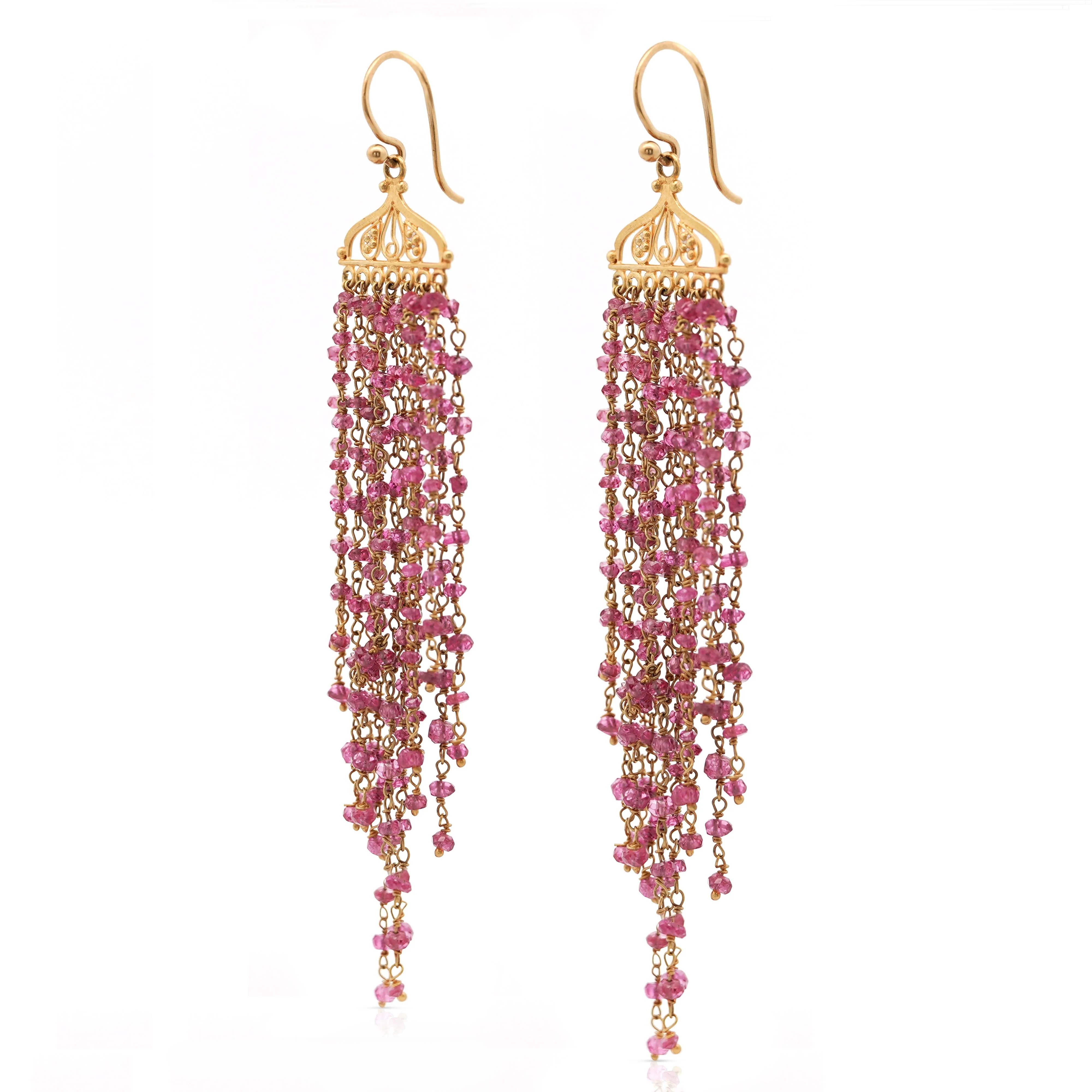 Vintage 22K Gold Pink Tourmaline Bead Indian Chandelier Drop Earrings - Image 6