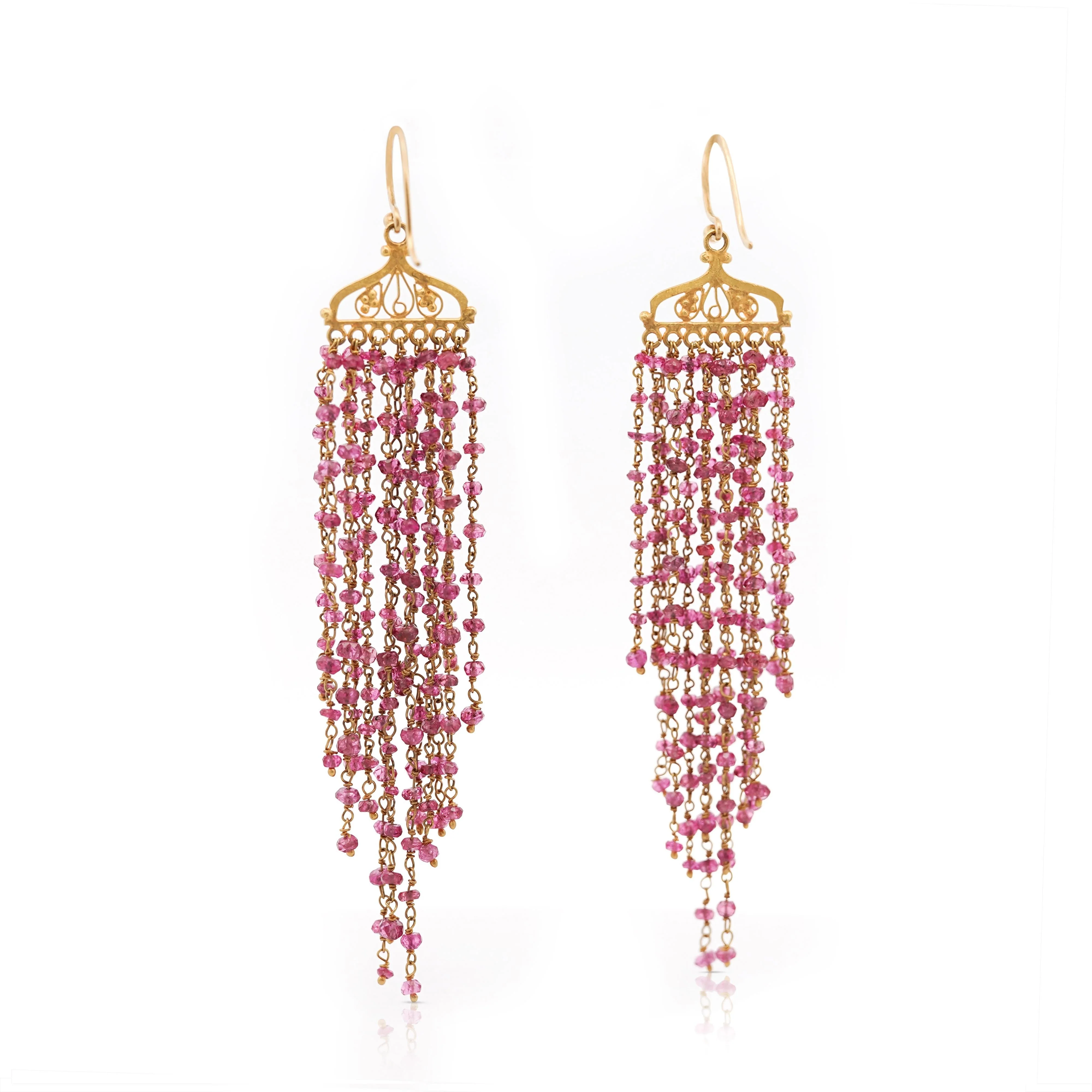 Vintage 22K Gold Pink Tourmaline Bead Indian Chandelier Drop Earrings - Image 7
